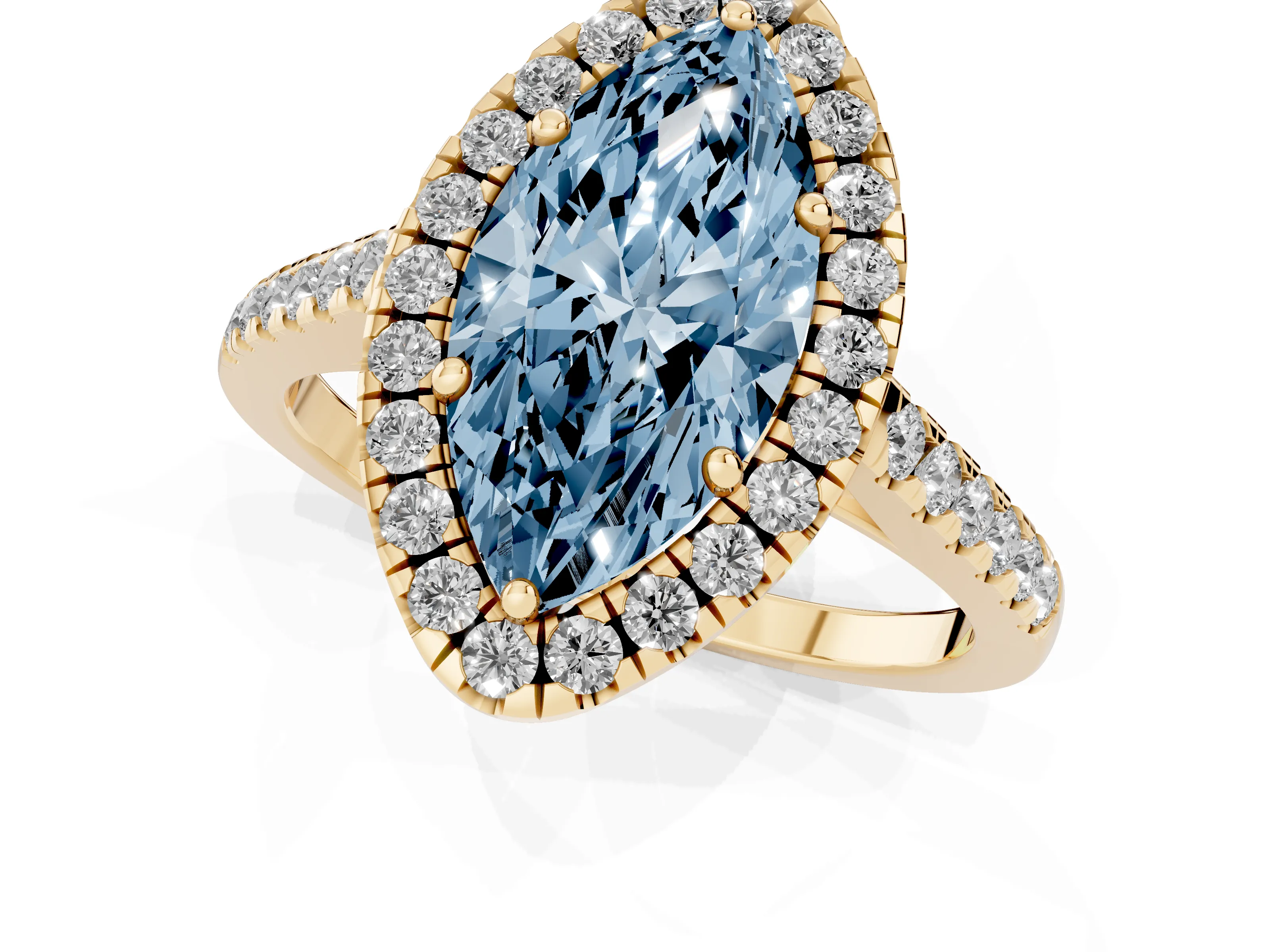Fancy Blue Marquise Cut Diamond Pavé Halo Engagement Ring Set in Yellow gold with Pavé Band and Prong Setting