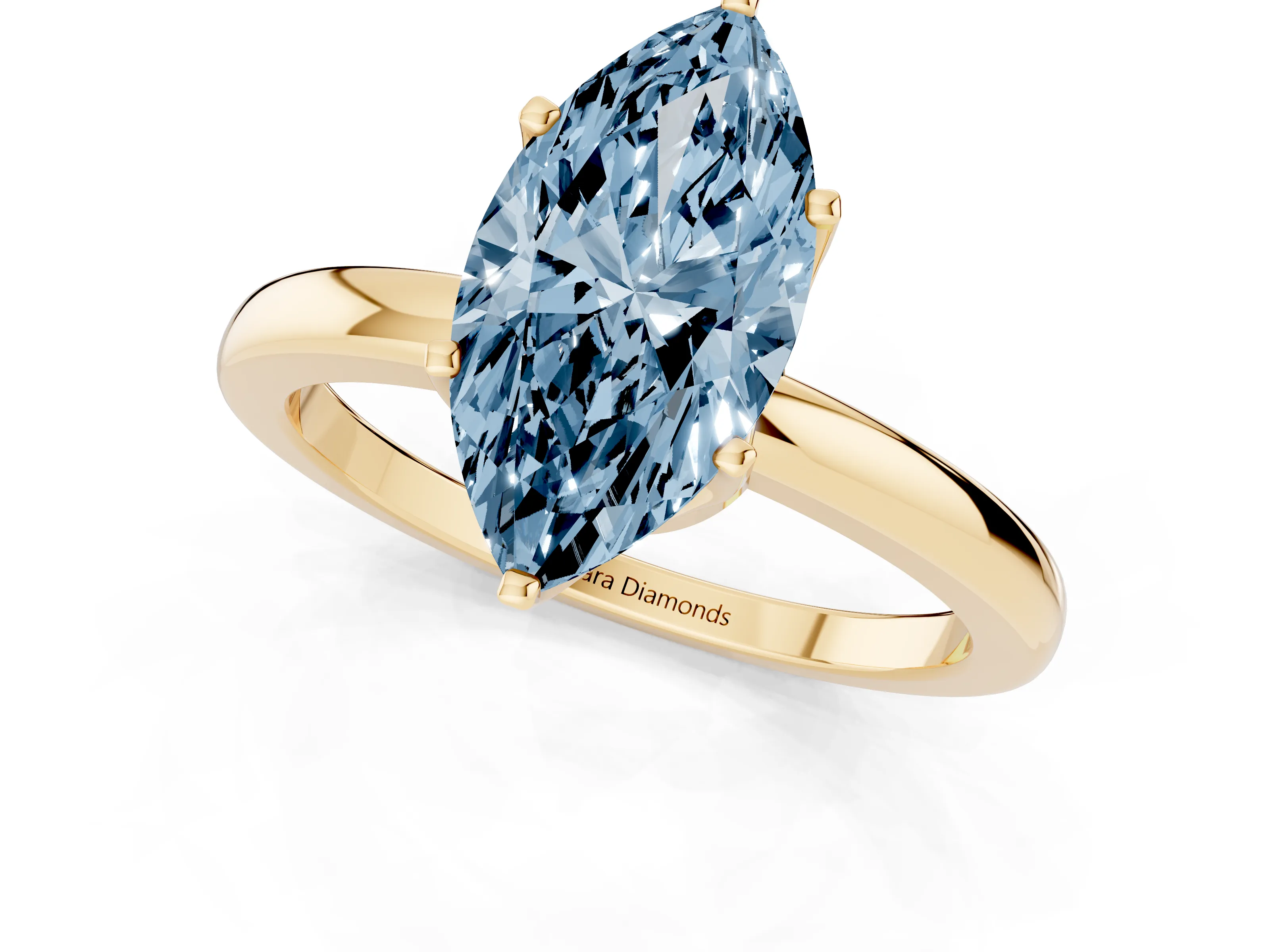 Fancy Blue Marquise Cut Diamond Solitaire Ring Set in Yellow gold with Raised Prong Setting on a Classic Band