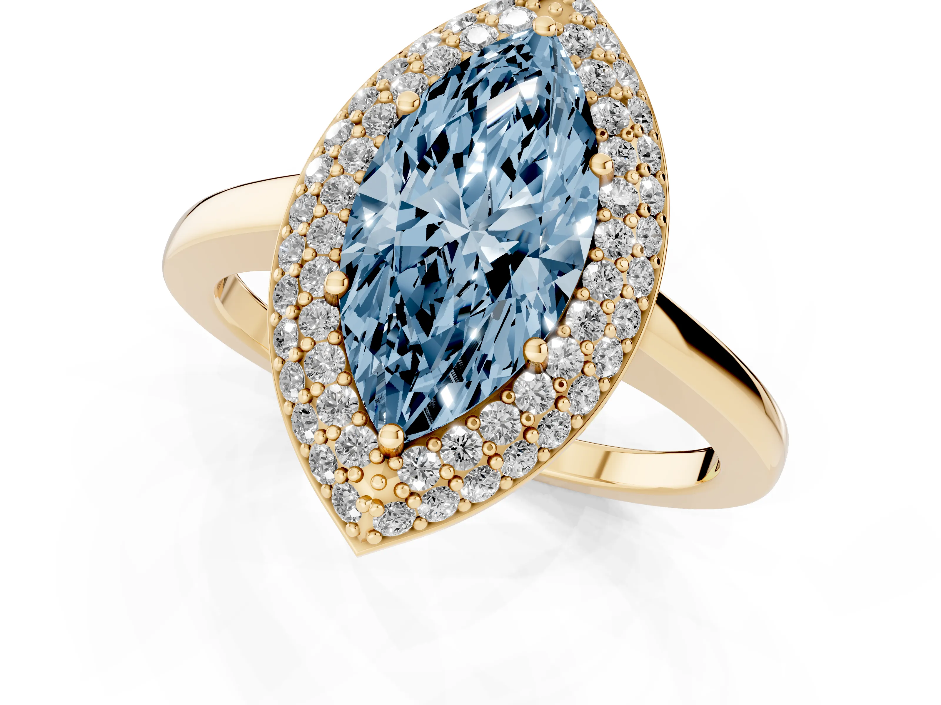 Fancy Blue Marquise Cut Diamond Halo Engagement Ring Set in Yellow gold with Solitaire Band and Prong Setting