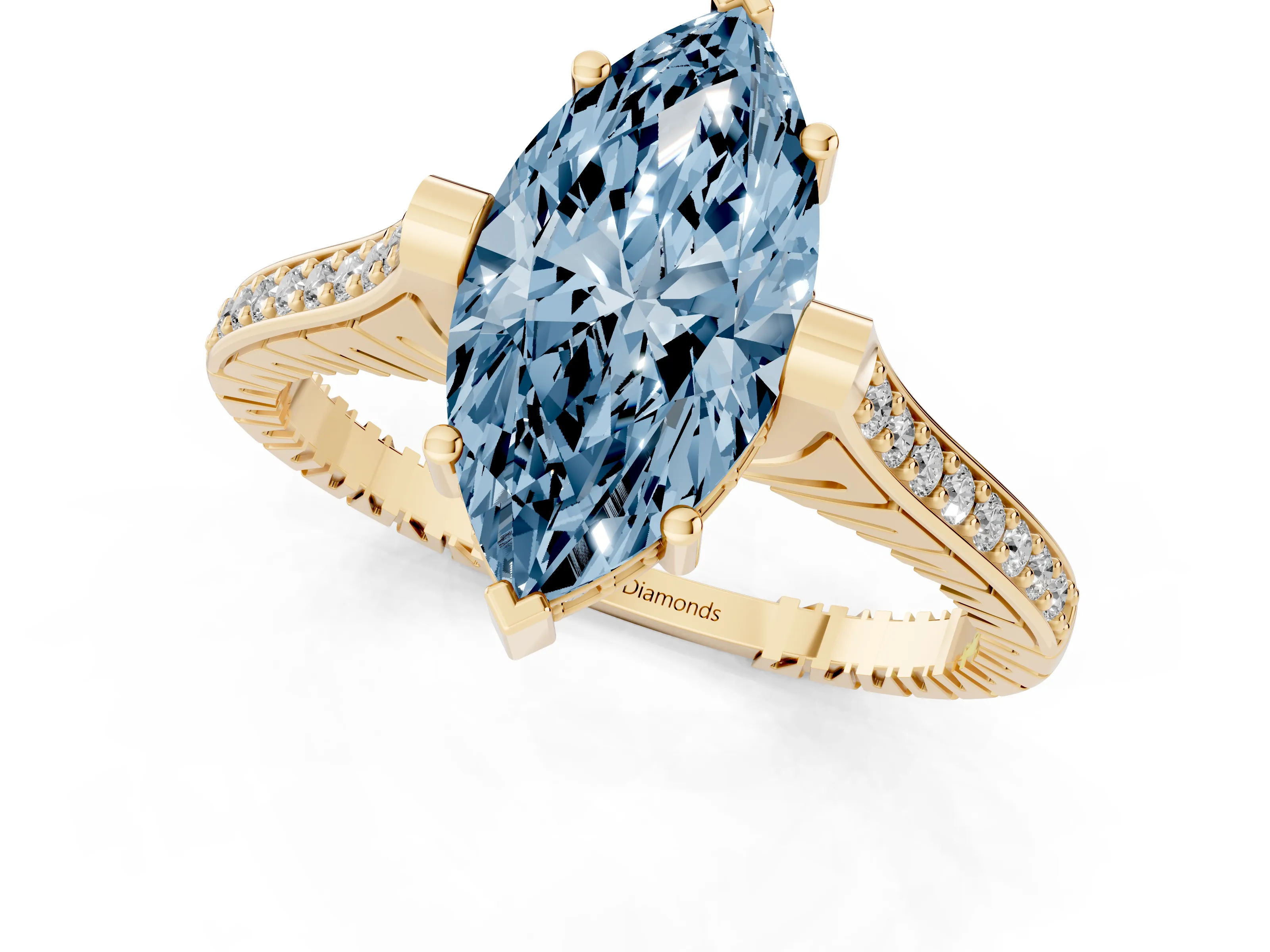 Fancy Blue Marquise Cut Diamond Solitaire Ring Set in Yellow gold with Channel Set Band and Bezel Prong Setting – second view