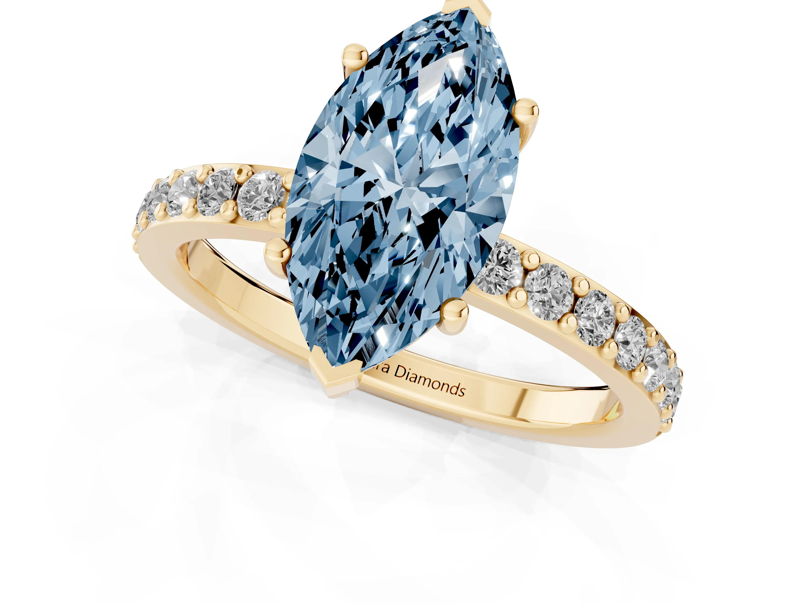 Fancy Blue Marquise Cut Diamond Solitaire Set in Yellow gold with Round Pavé Band and Prong Setting