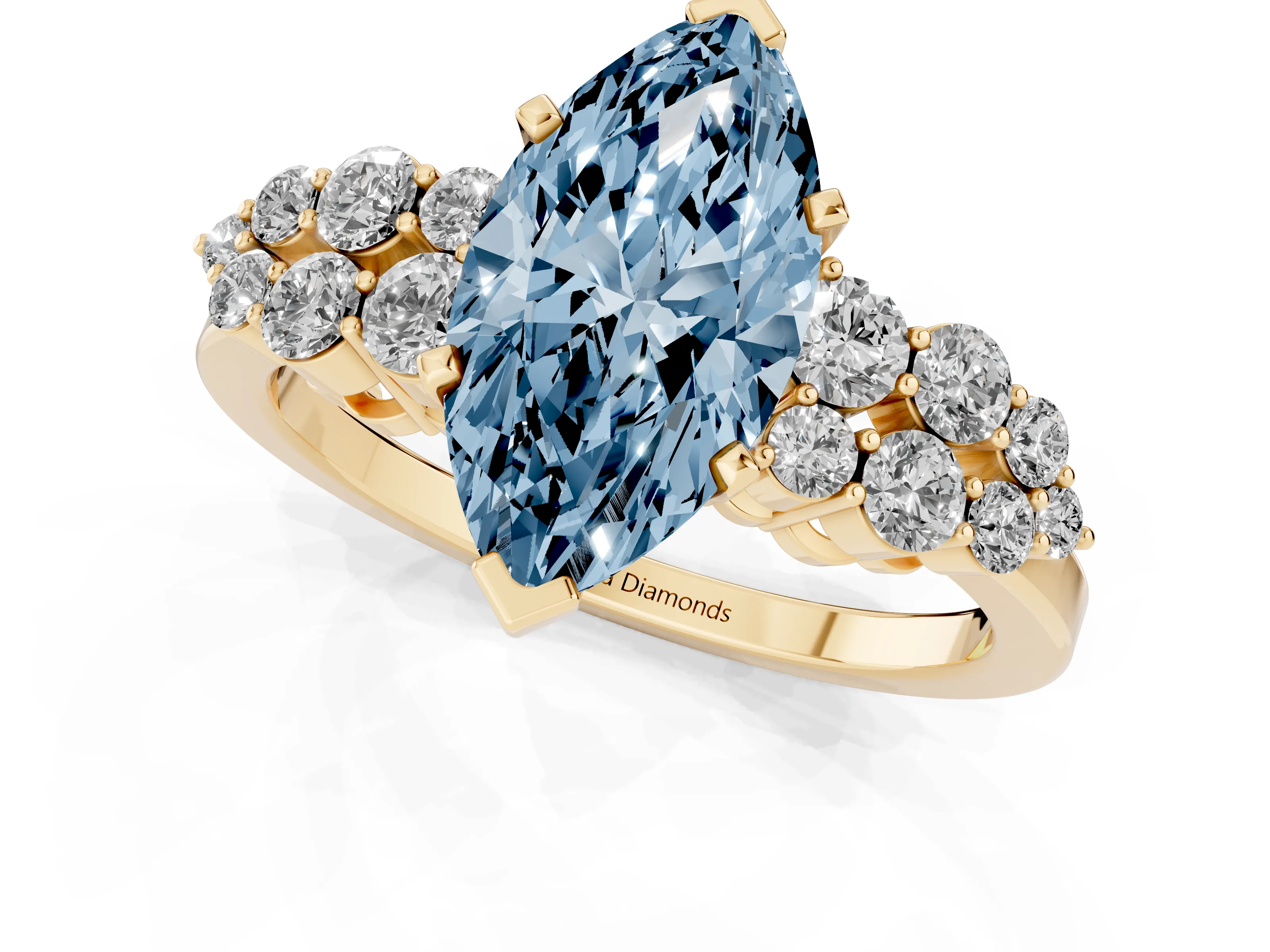 Fancy Blue Marquise Cut Diamond Cluster Engagement Ring Set in Yellow gold with Pavé Band and Prong Setting