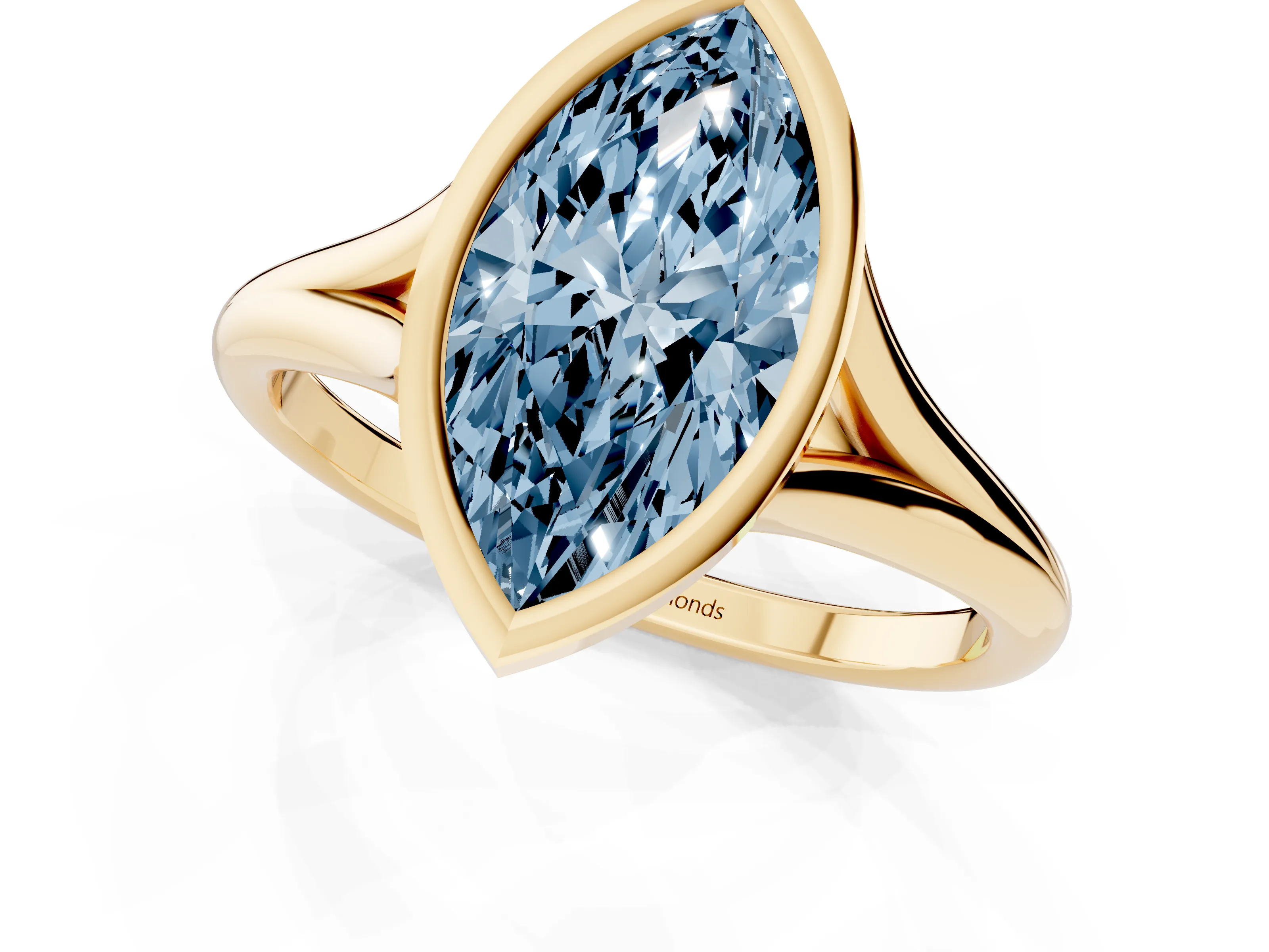 Fancy Blue Bezel Set Marquise Cut Diamond Solitaire Ring Set in Yellow gold with Tapered Band