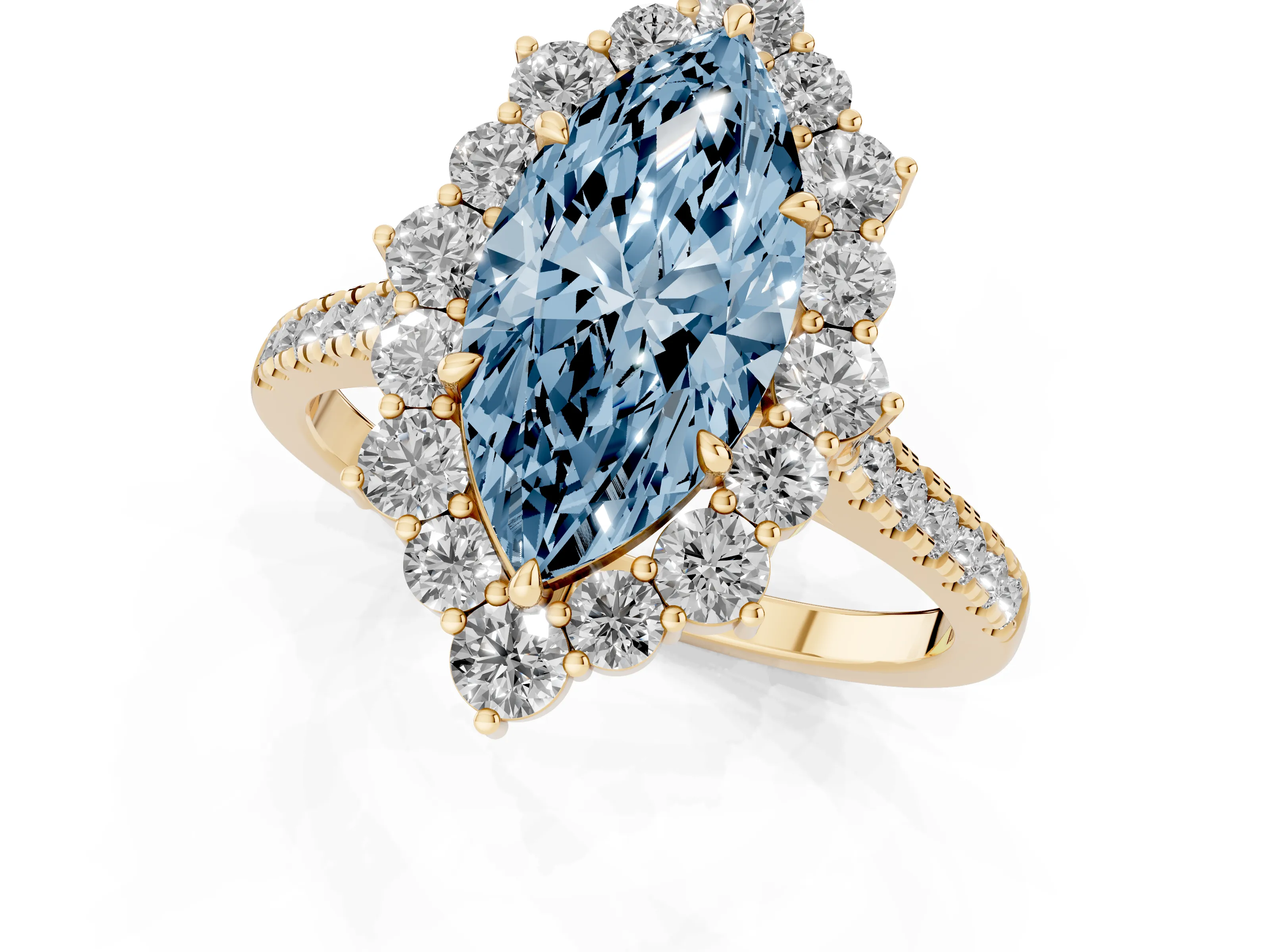 Fancy Blue Marquise Cut Diamond Halo Ring Set in Yellow gold with Pavé Band and Prong Setting
