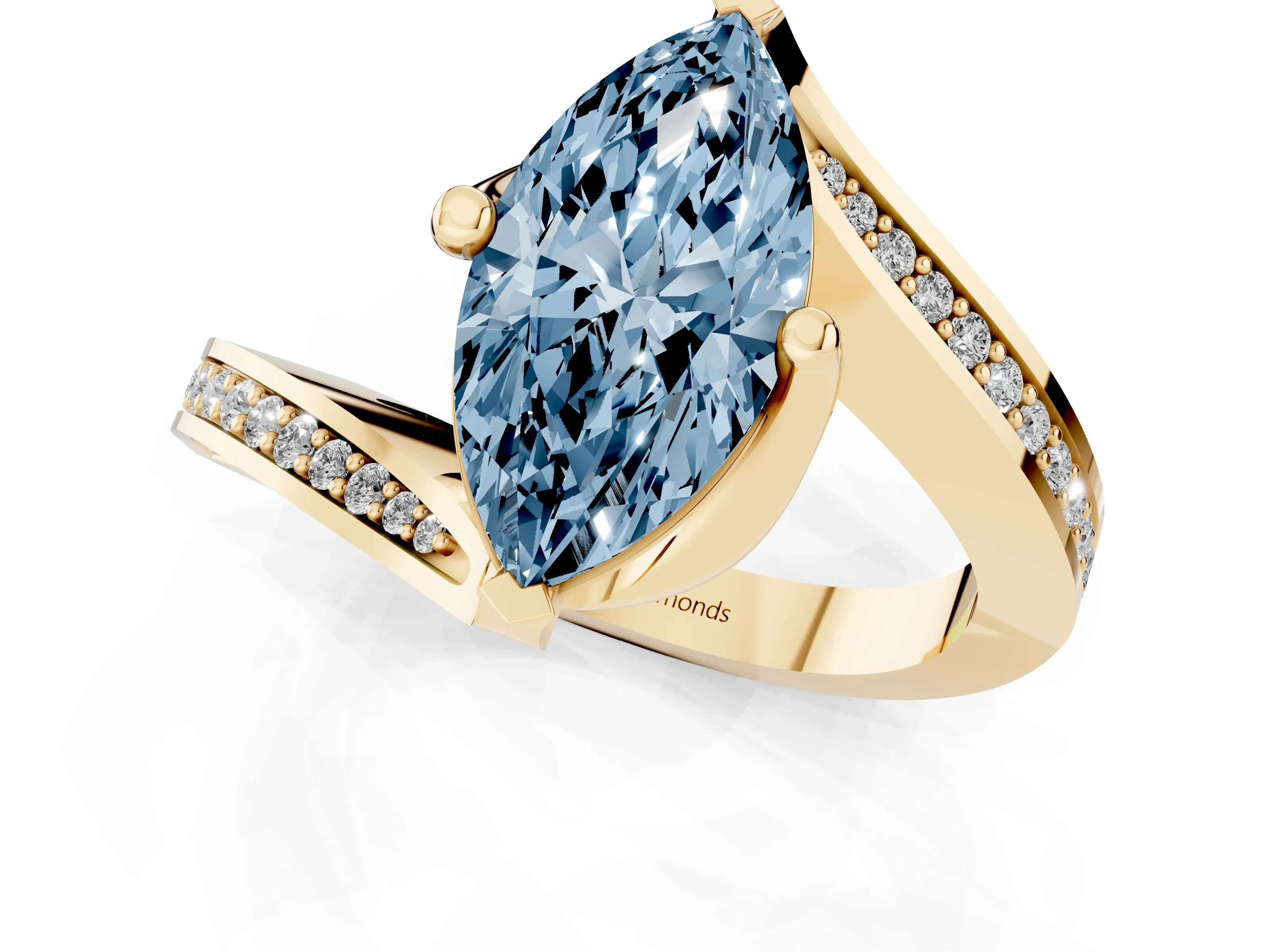 Fancy Blue Marquise Cut Diamond Solitaire Ring Set in Yellow gold with Intertwined Pavé Twist Band
