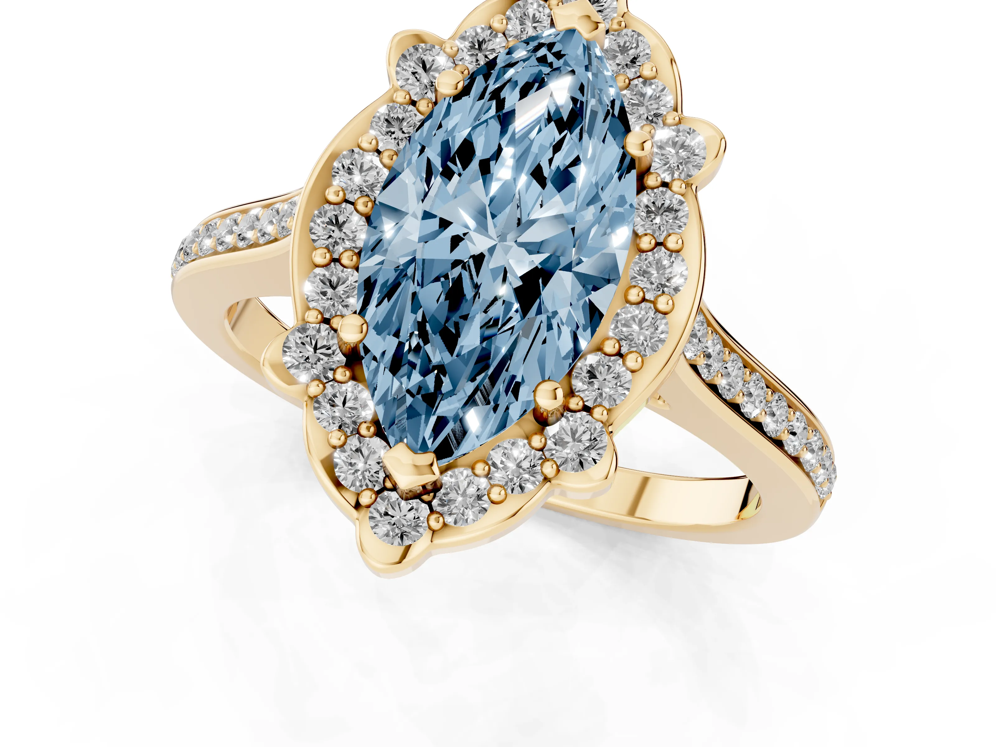 Fancy Blue Marquise Cut Diamond Halo Ring Set in Yellow gold with Pavé-Lined Shoulders and Prong Setting