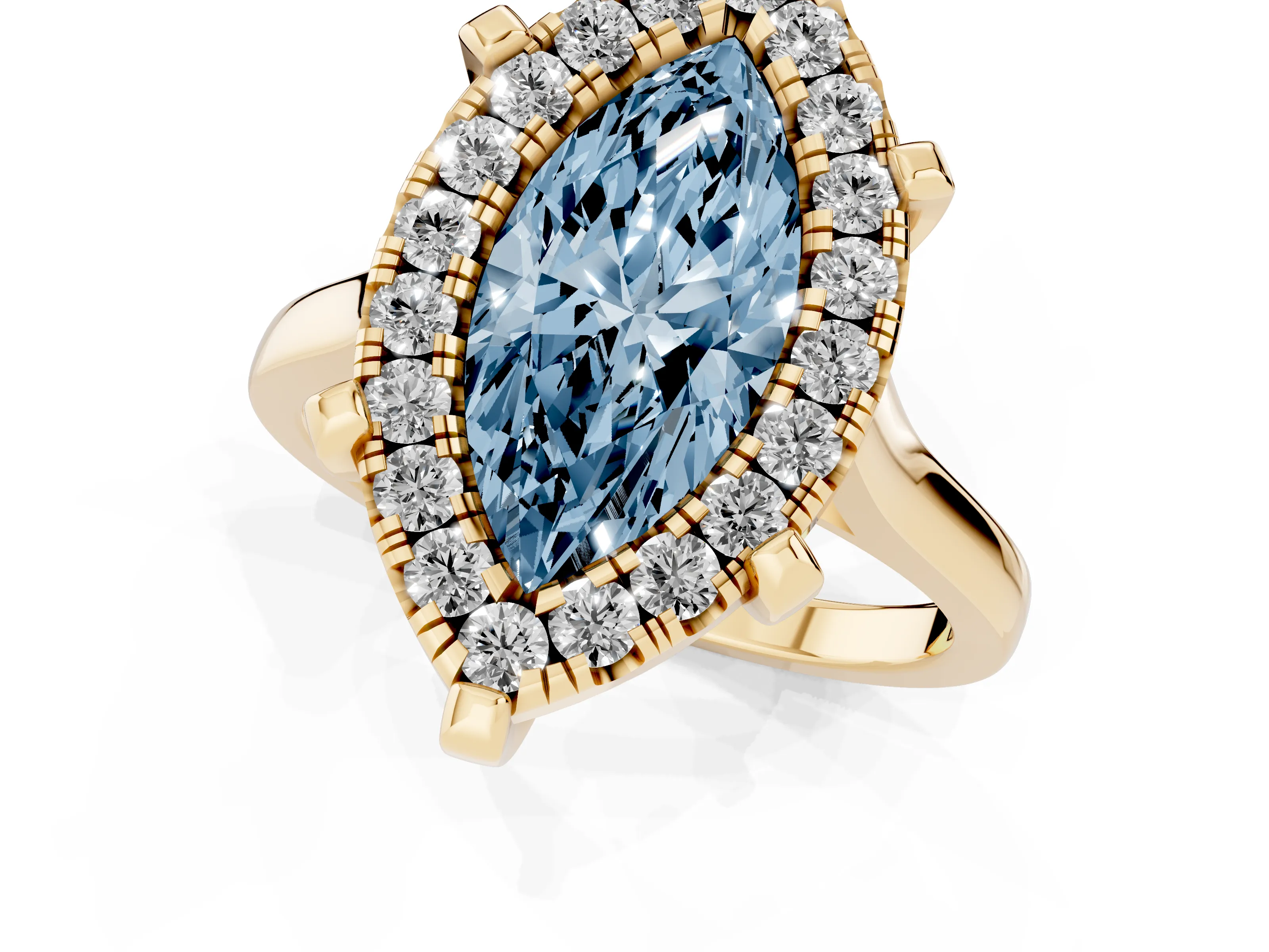 Fancy Blue Marquise Cut Diamond Cluster Halo Solitaire Ring Set in Yellow gold with Prong Setting