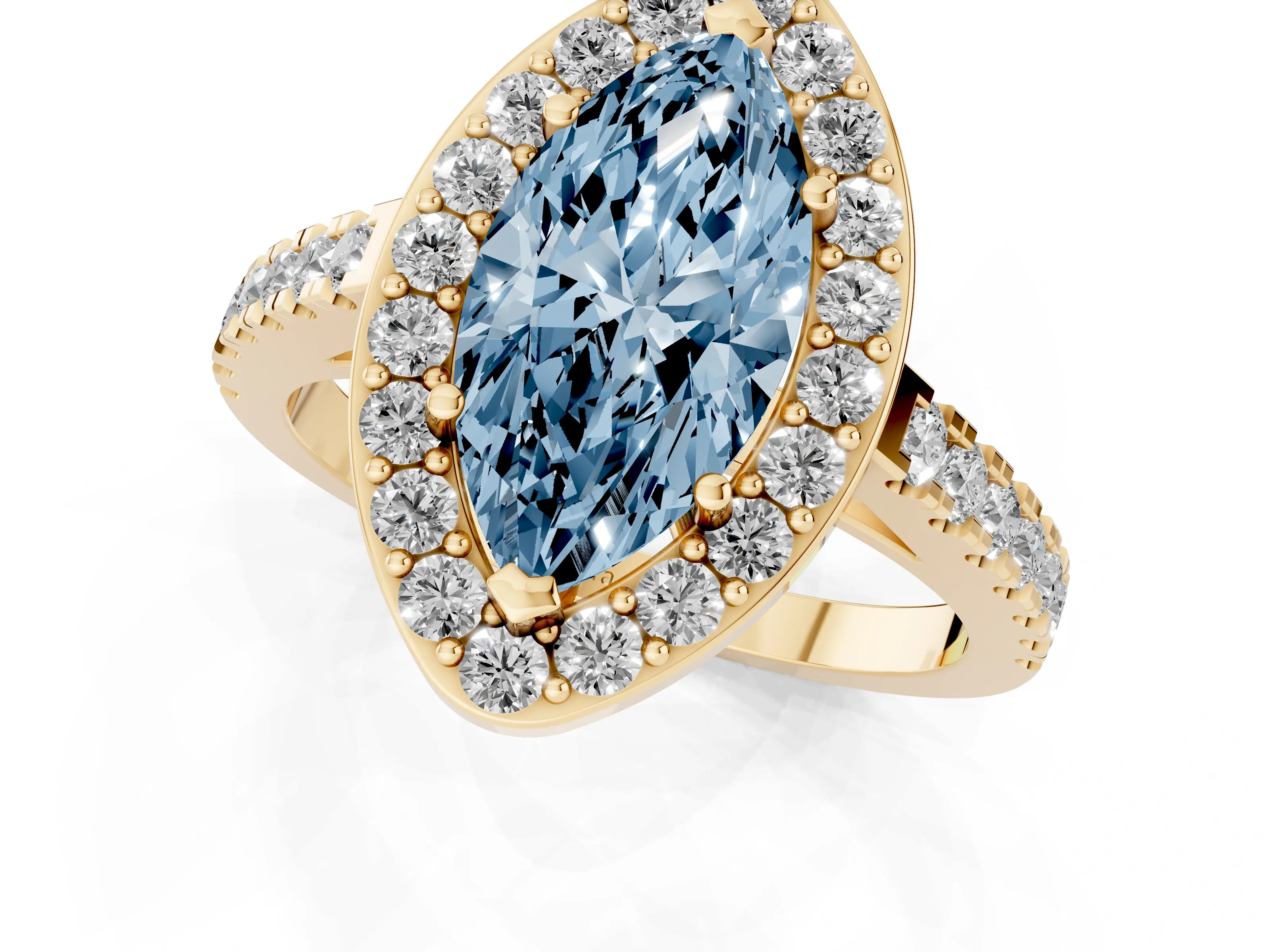 Fancy Blue Marquise Cut Diamond Halo Ring Set in Yellow gold with Round Pavé Split Shank and Prong Setting