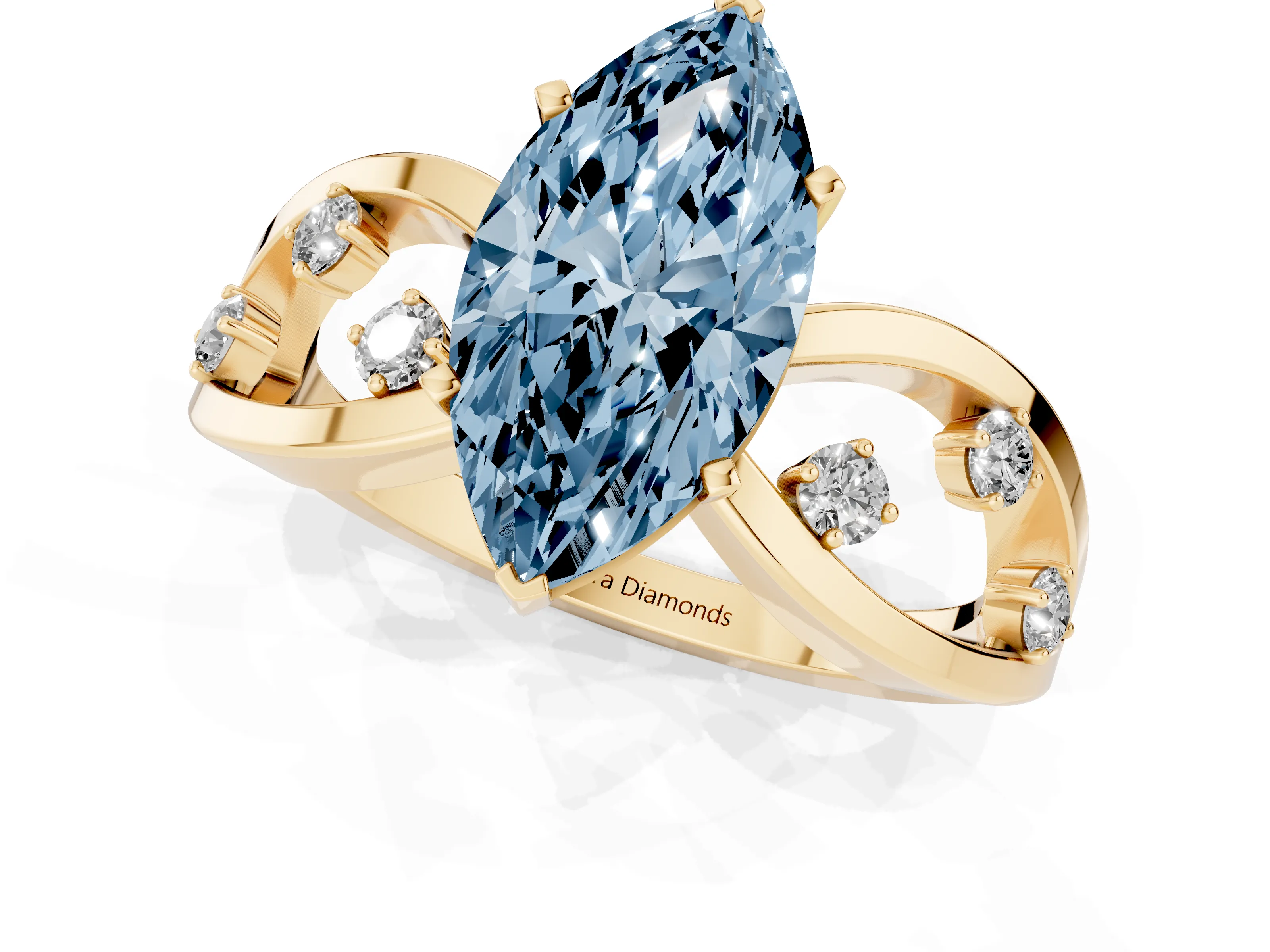 Fancy Blue Marquise Cut Diamond Solitaire Ring Set in Yellow gold with Side Stones on Criss-Cross Band and Prong Setting