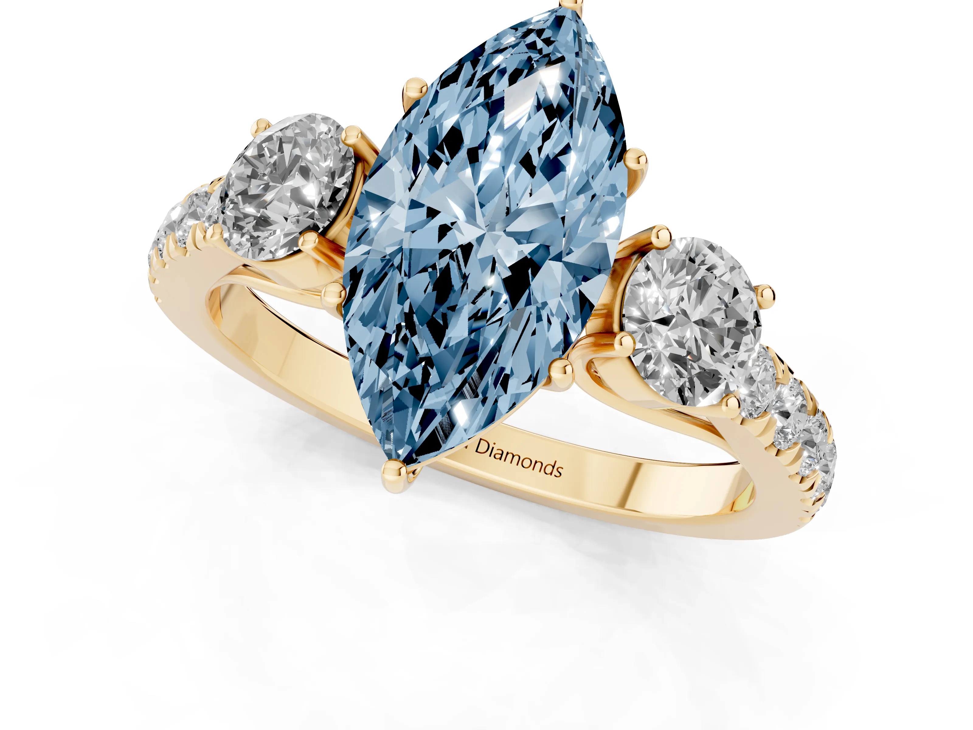 Fancy Blue Marquise Cut Diamond Three-Stone Ring Set in Yellow gold with Round Side Stones and Delicate Pavé Band