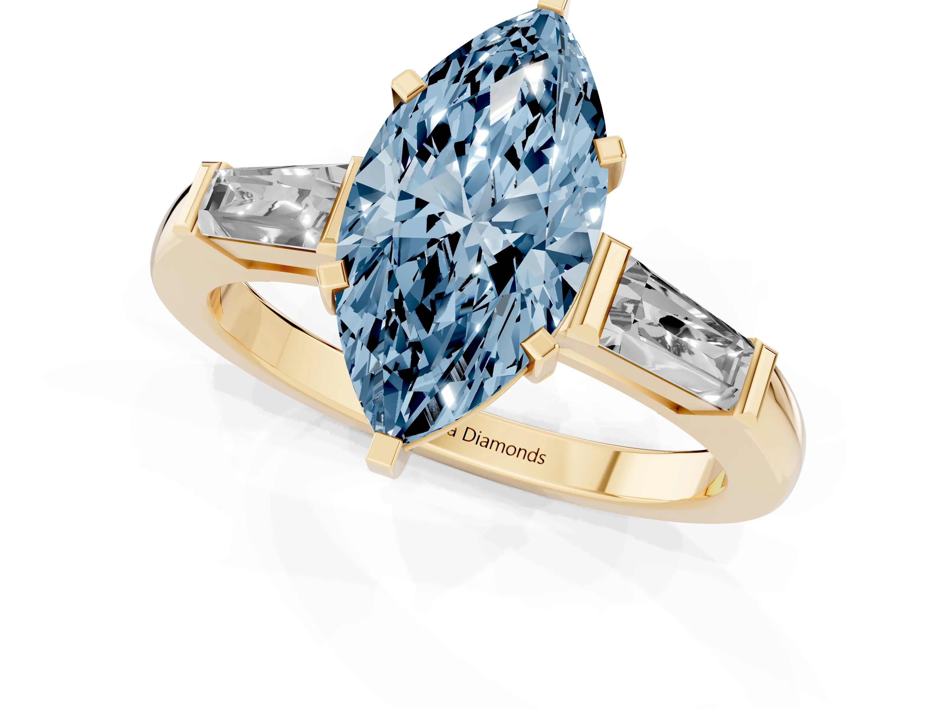 Fancy Blue Marquise Cut Diamond Solitaire Ring Set in Yellow gold with Tapered Baguette Side Stones and Prong Setting