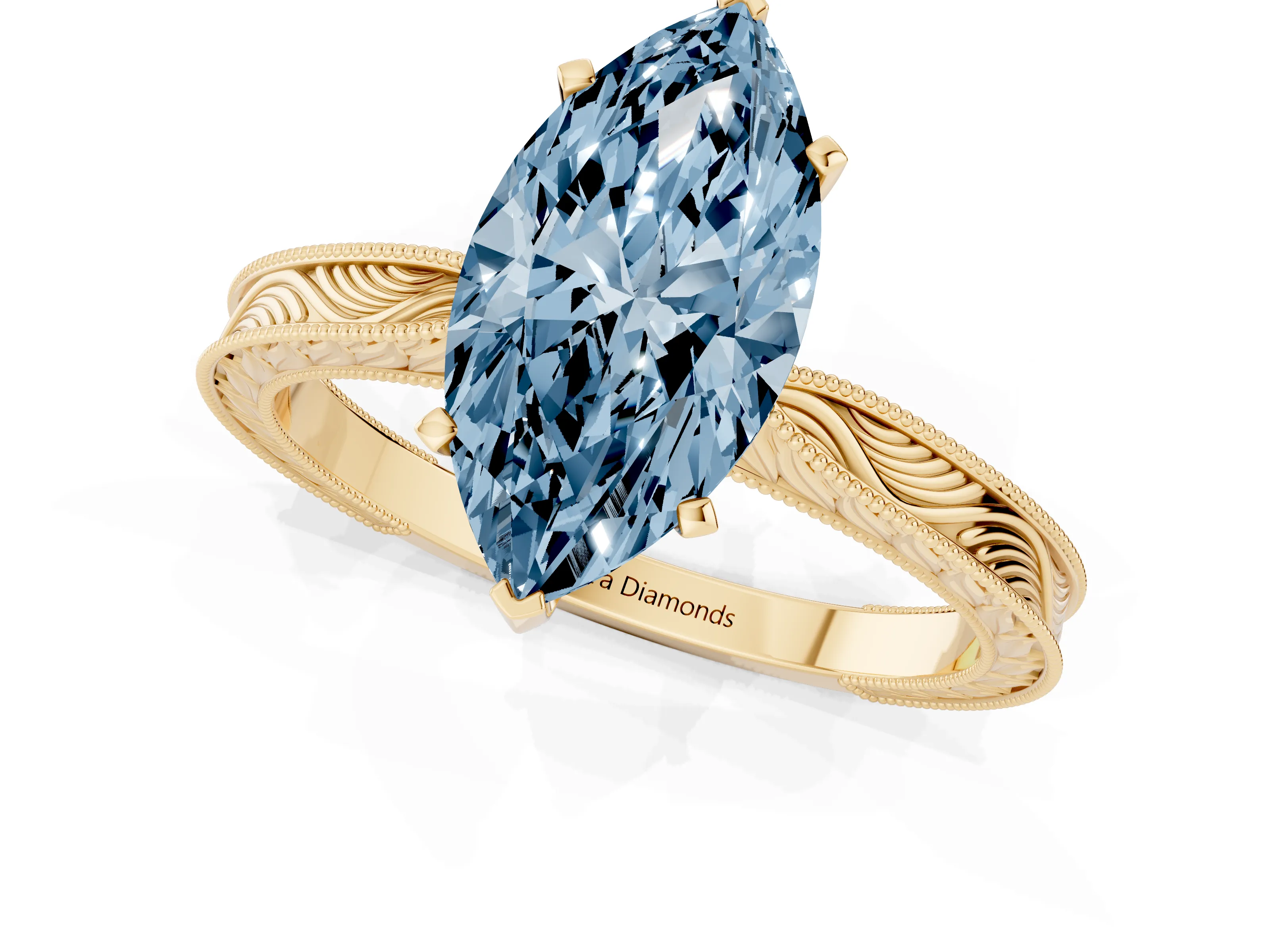 Fancy Blue Marquise Cut Diamond Solitaire Milgrain Engraved Band Set in Yellow gold with Prong Setting