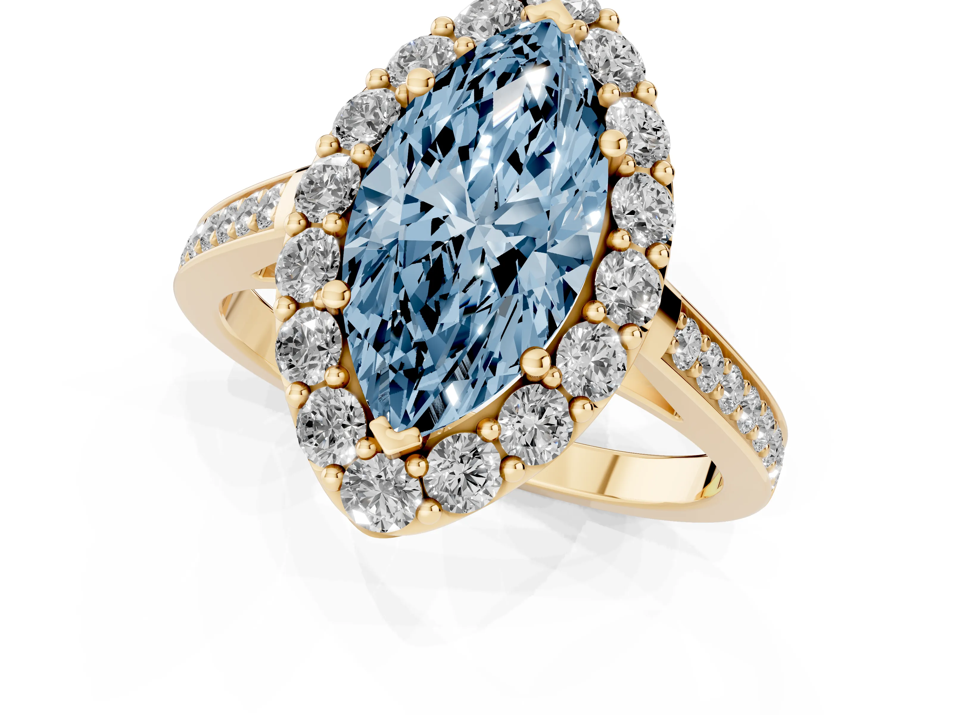 Fancy Blue Marquise Cut Diamond Floral Halo Ring Set in Yellow gold with Pavé Band and Prong Setting