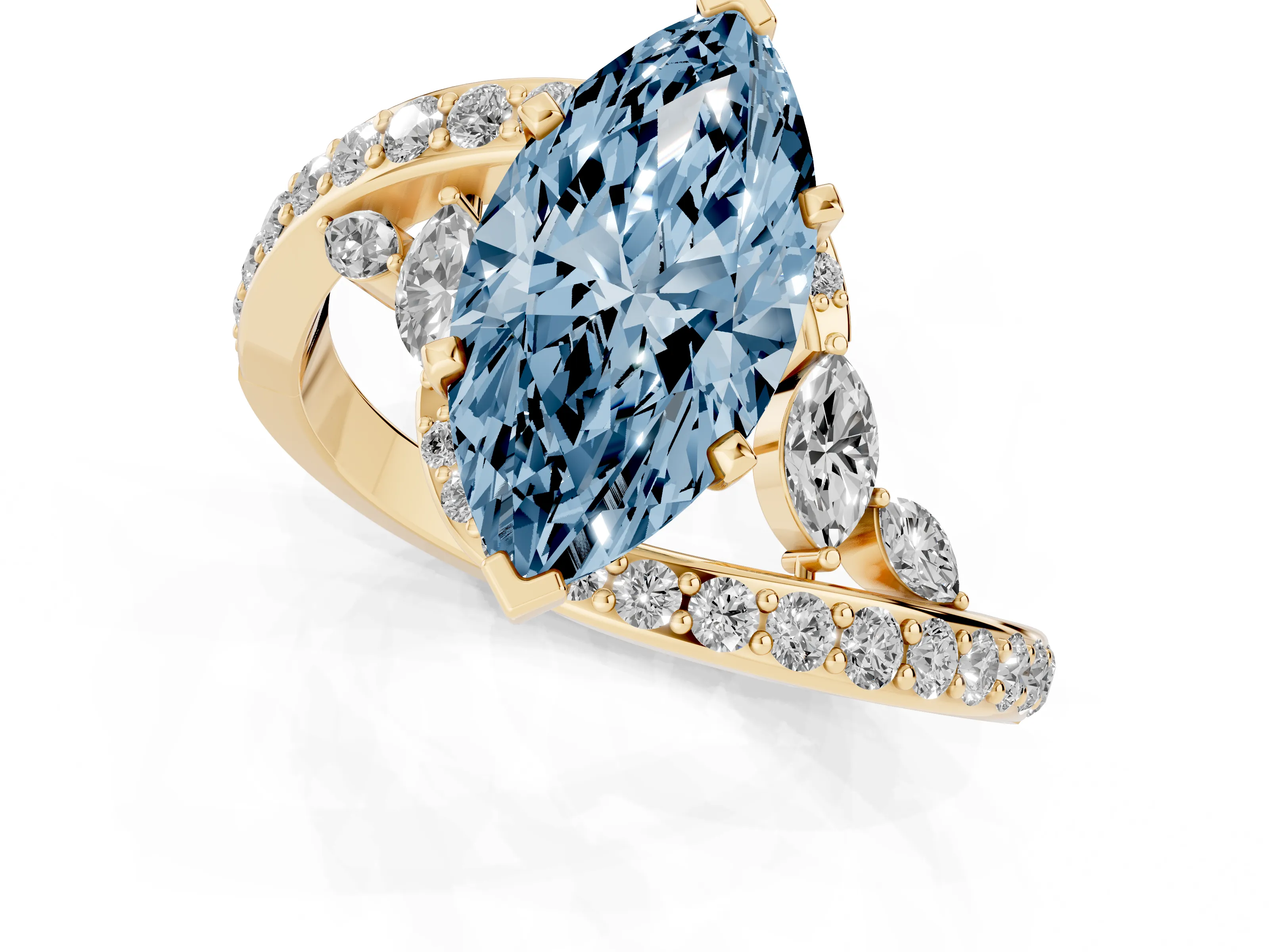 Fancy Blue Marquise Cut Diamond Solitaire Ring Set in Yellow gold with Pavé Twist Band and Secure Prong Setting