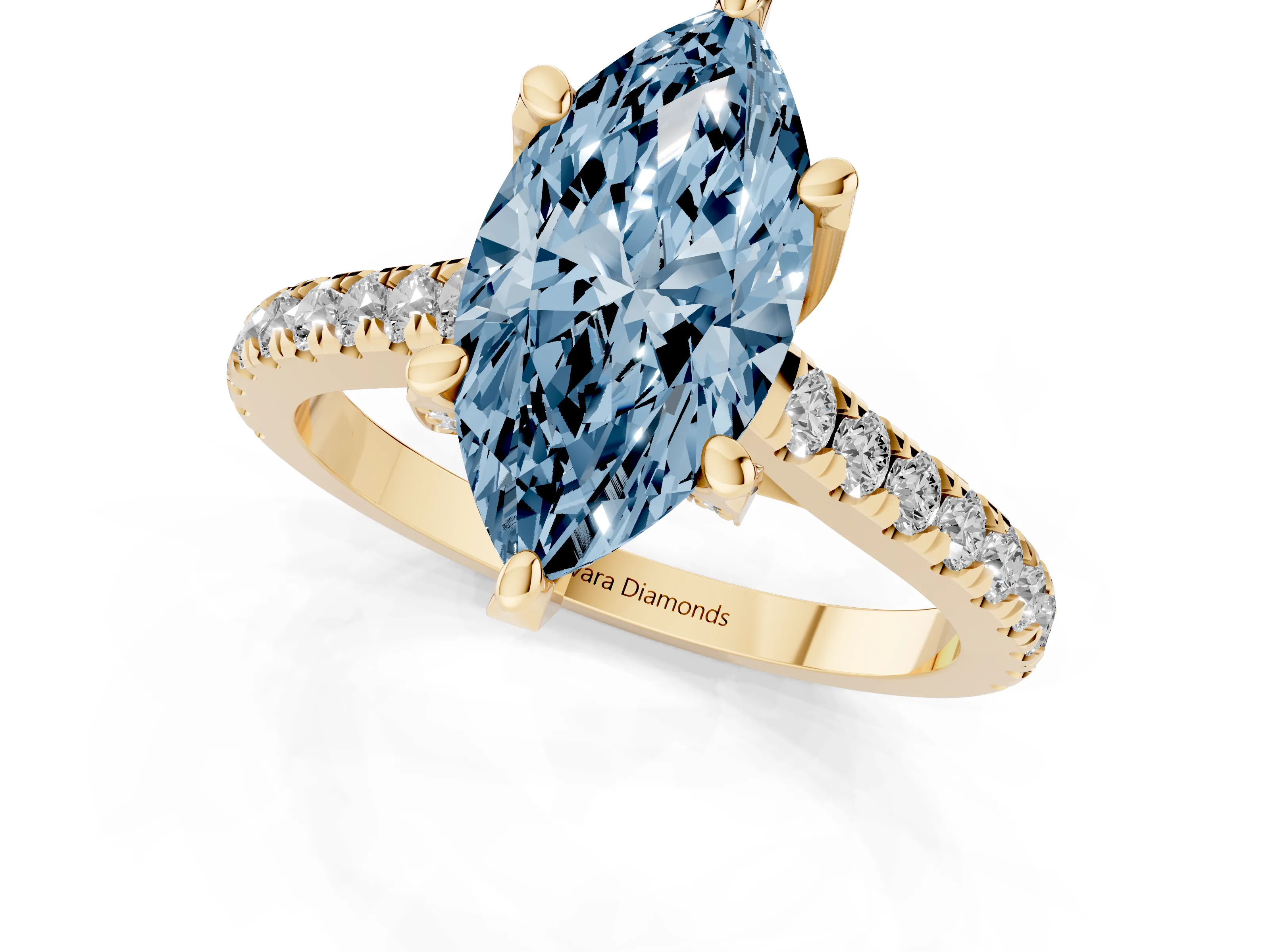 Fancy Blue Marquise Cut Diamond Solitaire Ring Set in Yellow gold with Brilliant Pavé Band and Prong Setting