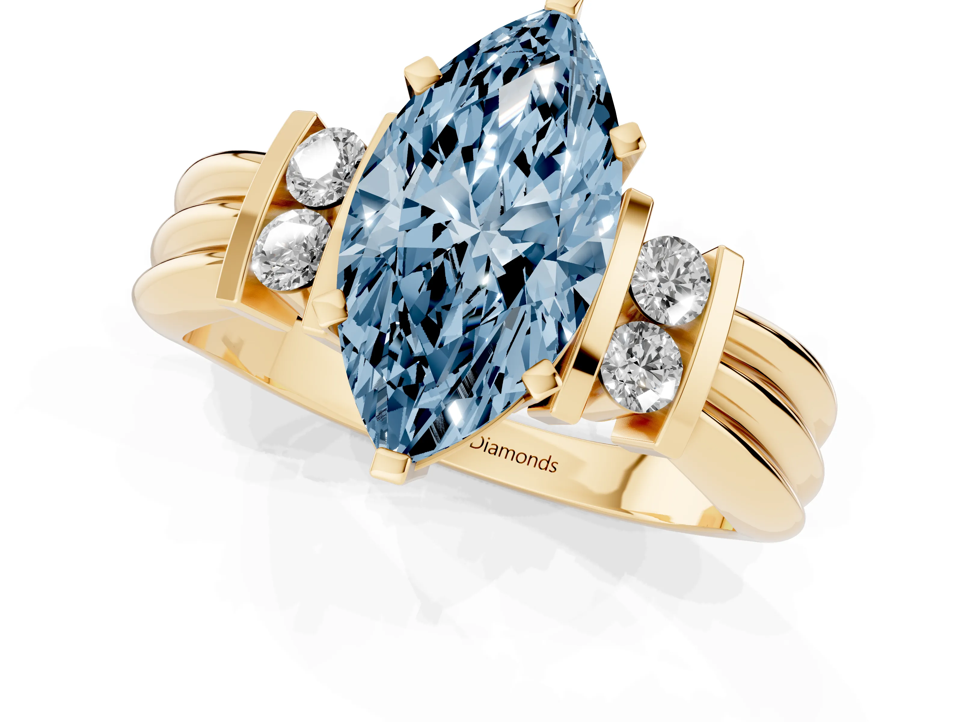 Fancy Blue Three-Stone Marquise Cut Diamond Channel Set Ring Set in Yellow gold with Bar Prongs
