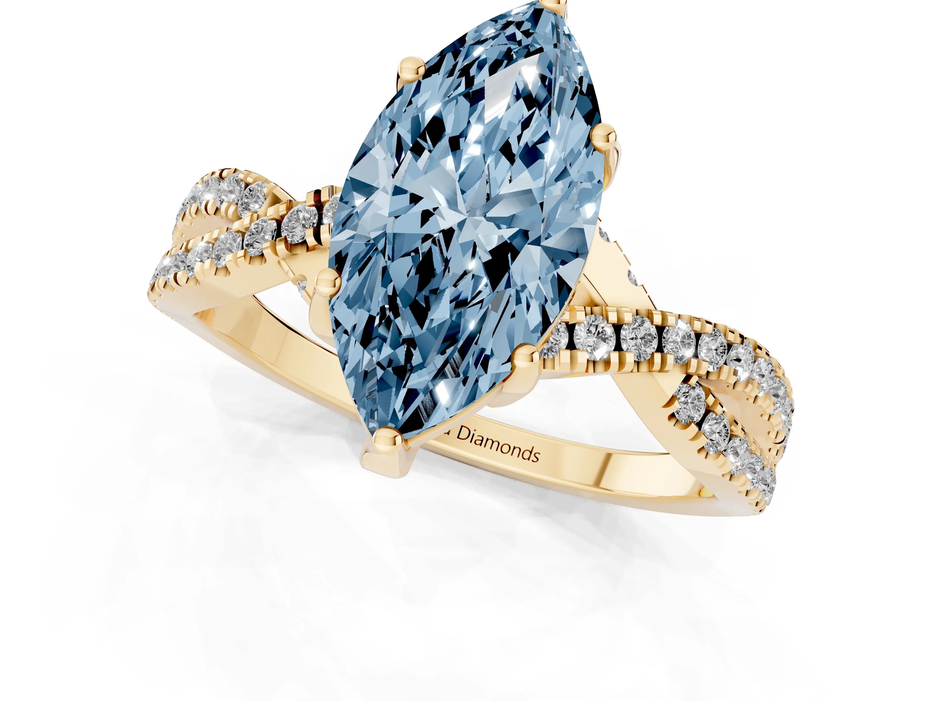 Fancy Blue Marquise Cut Diamond Twist Pavé Solitaire Engagement Ring Set in Yellow gold with Prong Setting