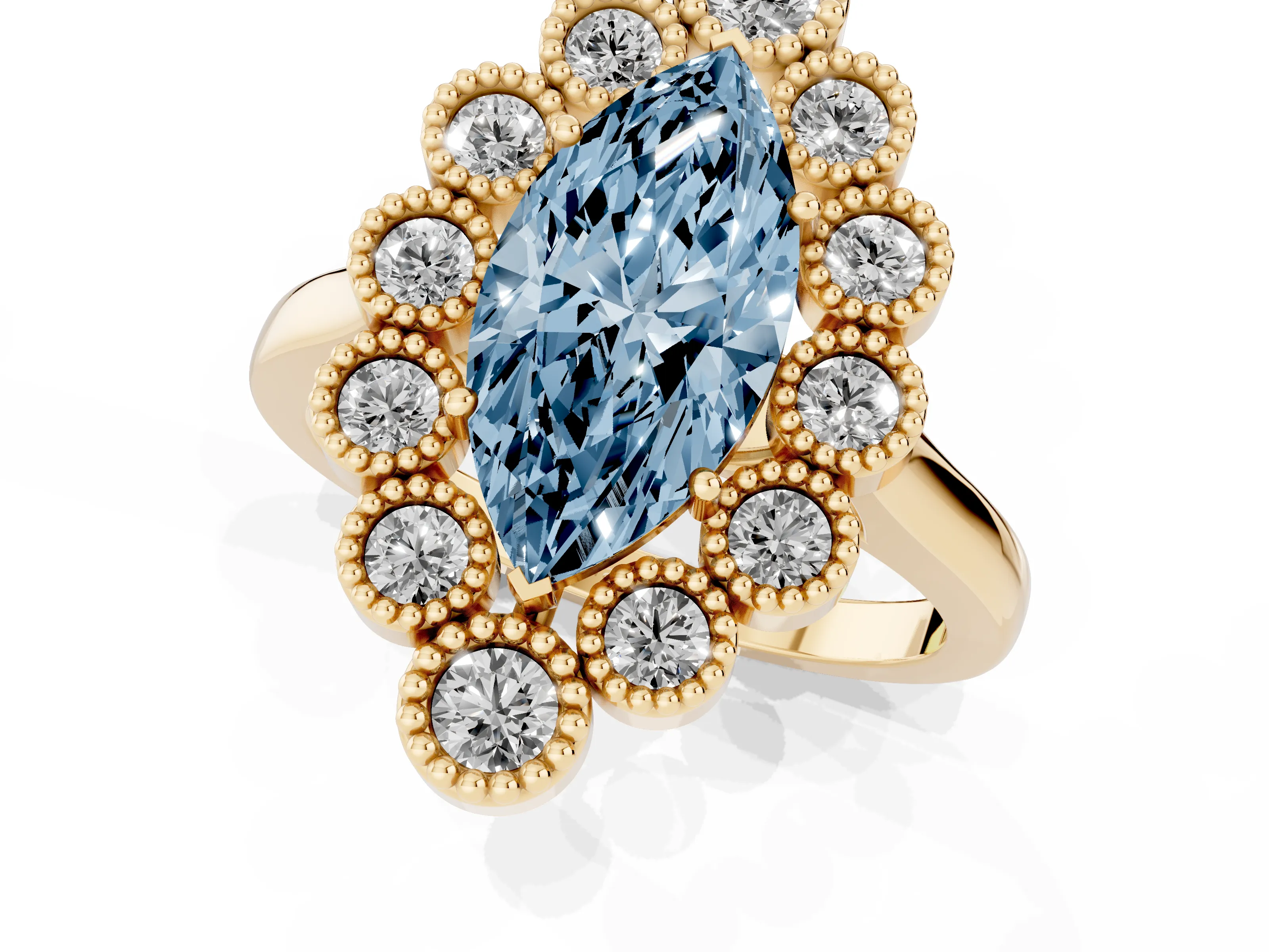 Fancy Blue Marquise Cut Diamond Cluster Halo Ring Set in Yellow gold with Milgrain Bezel Accents and Plain Band