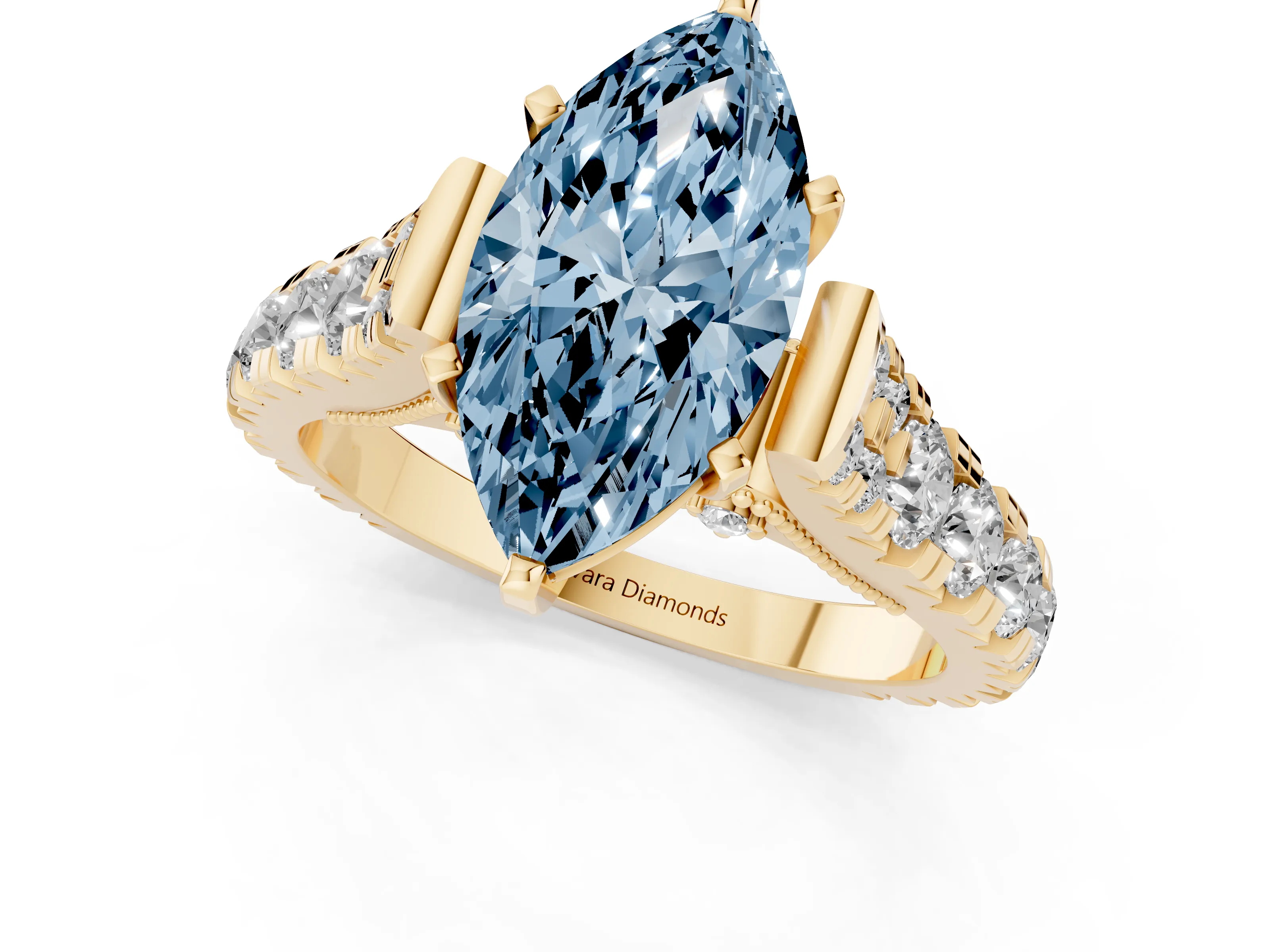 Fancy Blue Marquise Cut Diamond Classic Solitaire Ring Set in Yellow gold with Pavé Band and Prong Setting