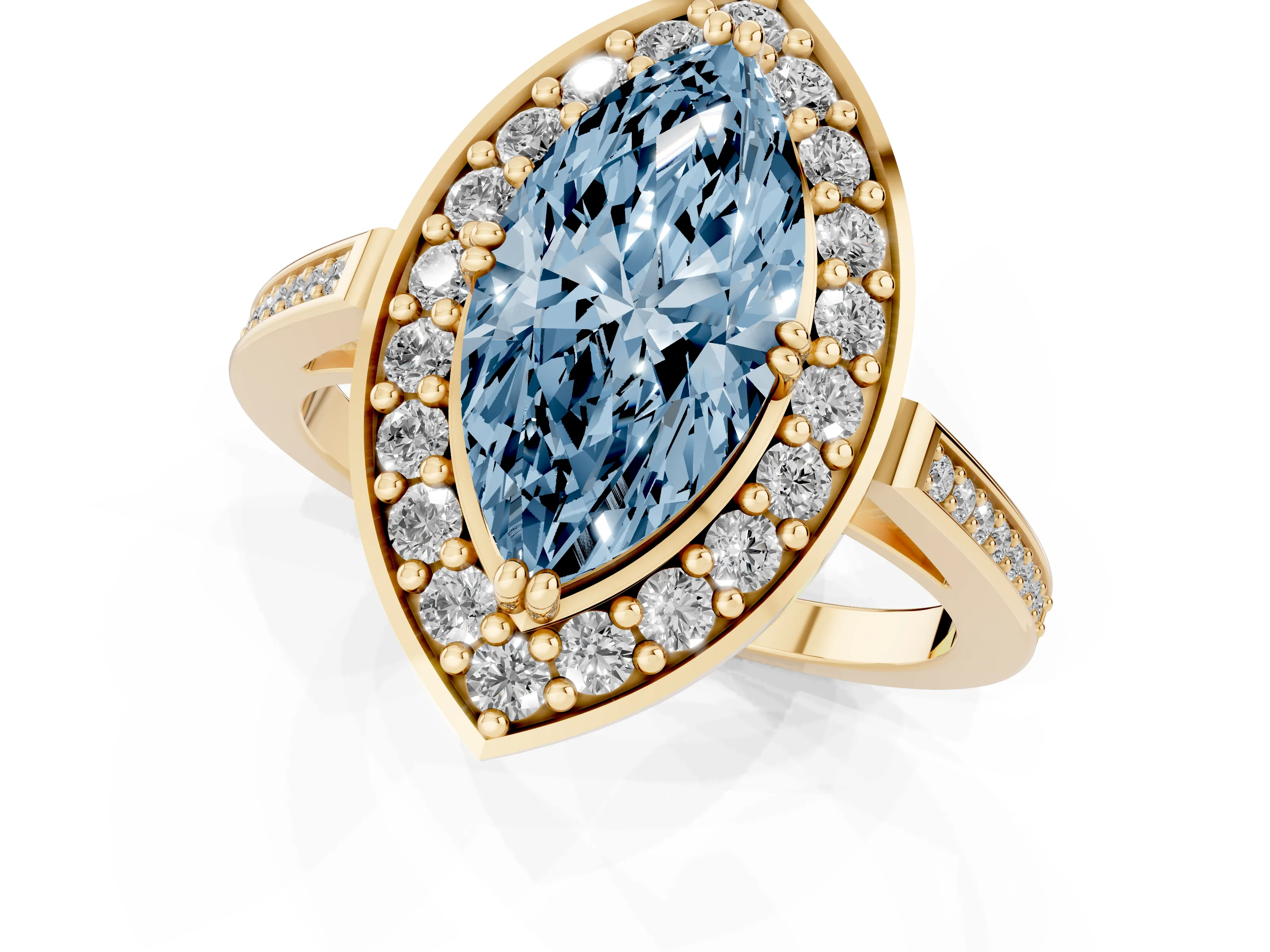 Fancy Blue Marquise Cut Diamond Halo Ring Set in Yellow gold with Accent-Lined Split Shank and Prong Setting