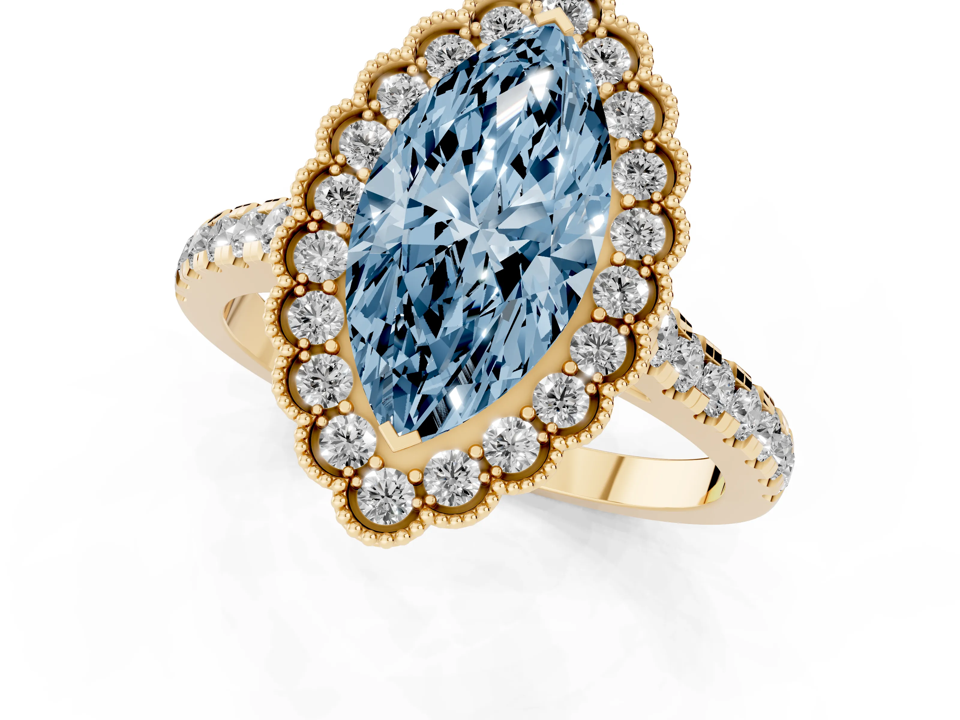 Fancy Blue Marquise Cut Diamond Milgrain Floral Halo Engagement Ring Set in Yellow gold with Pavé Band