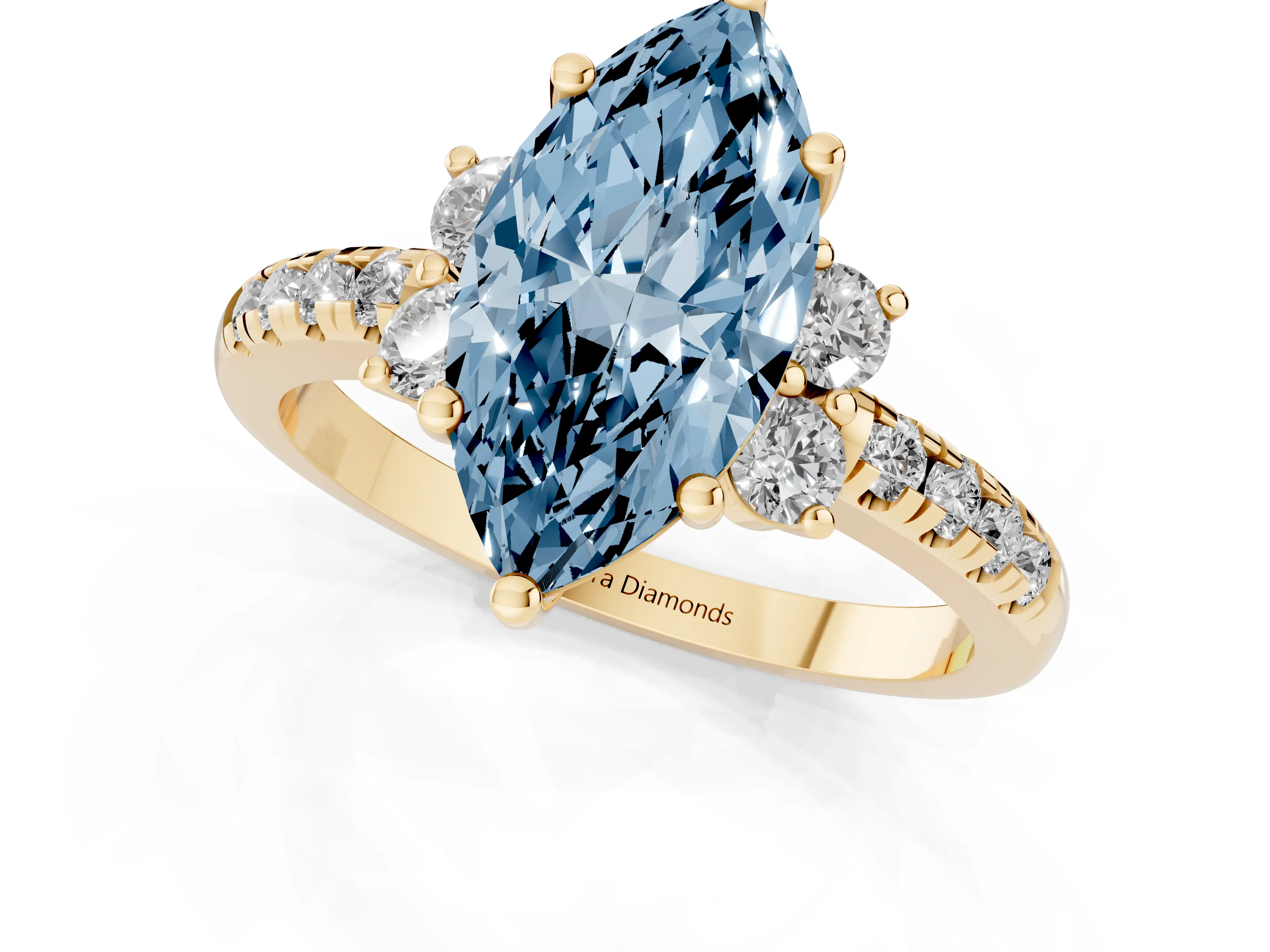 Fancy Blue Marquise Cut Diamond Three-Stone Pavé Ring Set in Yellow gold with Prong Setting
