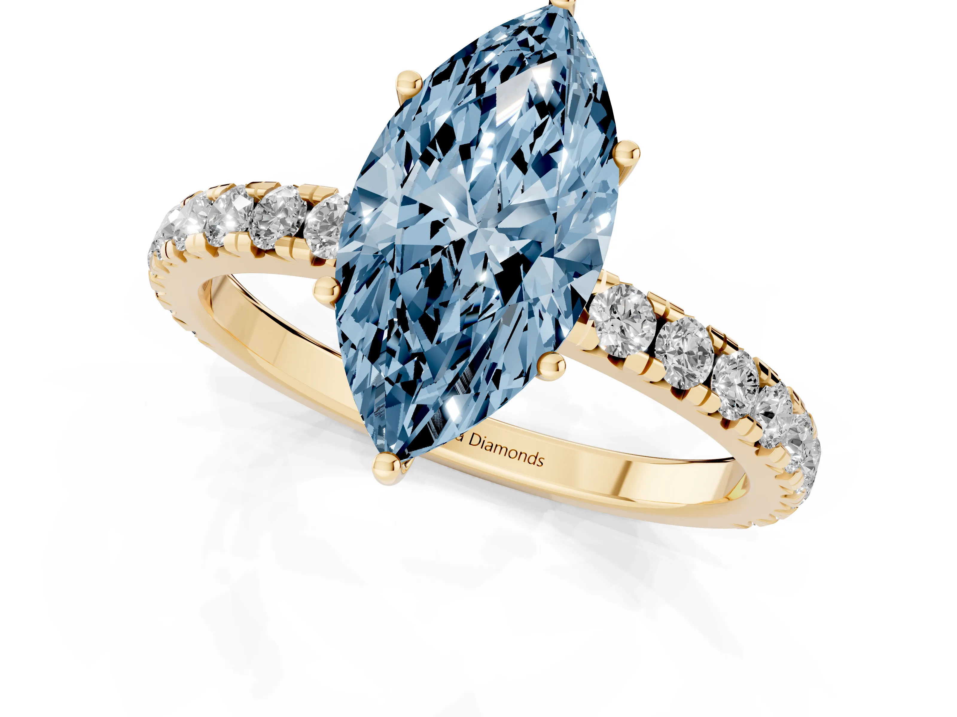 Fancy Blue Marquise Cut Diamond Pavé Solitaire Engagement Ring Set in Yellow gold with Prong Setting