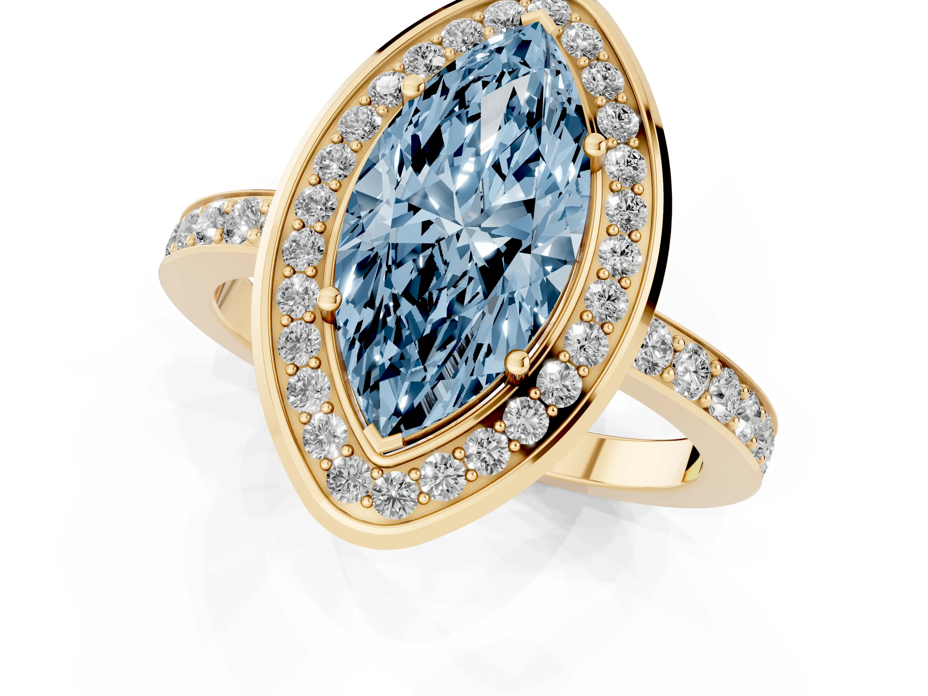 Fancy Blue Marquise Cut Diamond Halo Ring Set in Yellow gold with Bezel Frame and Pavé Band