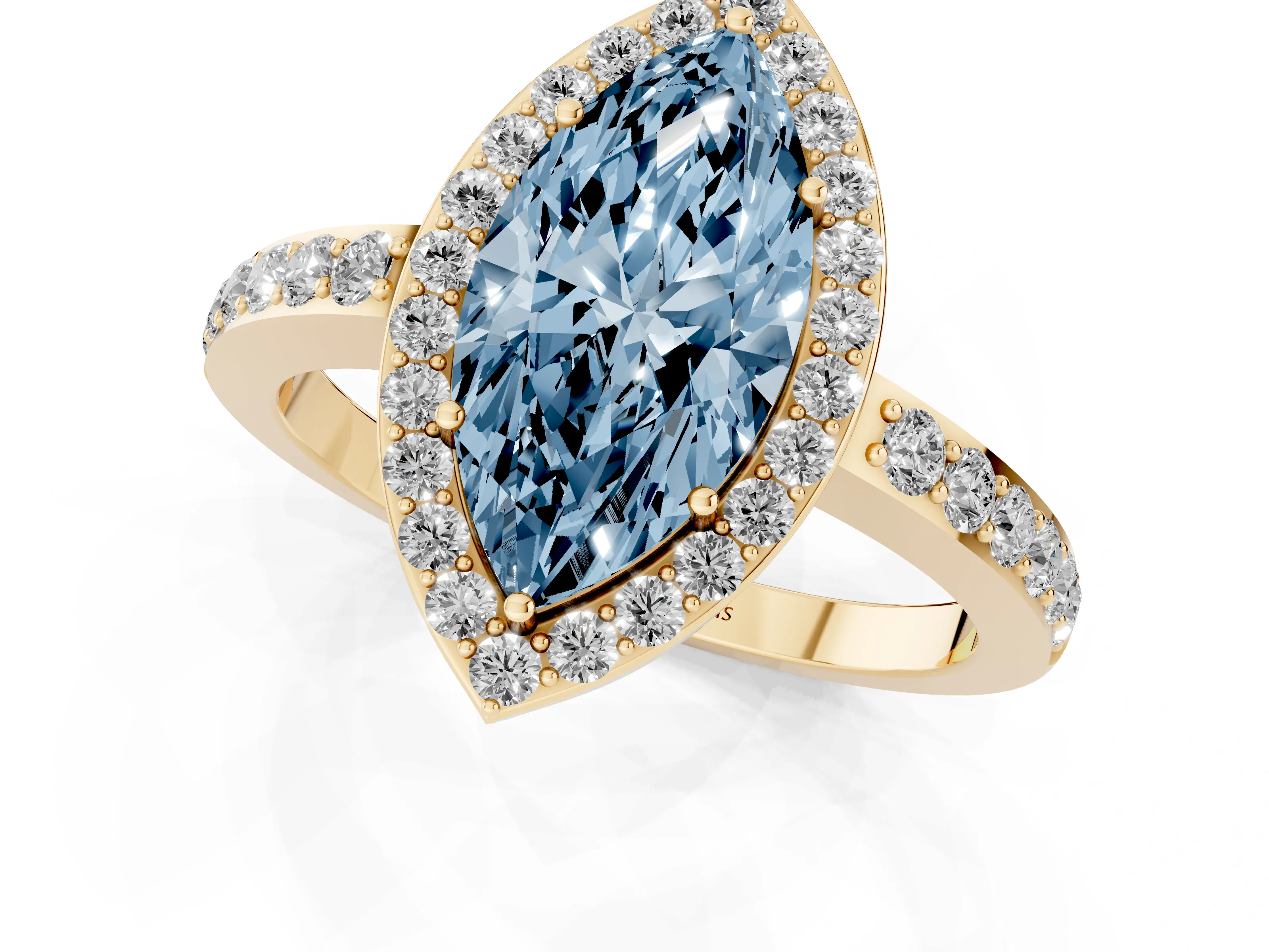Fancy Blue Marquise Cut Diamond Halo Ring Set in Yellow gold with Pavé-Setting Band and Open Prong Center