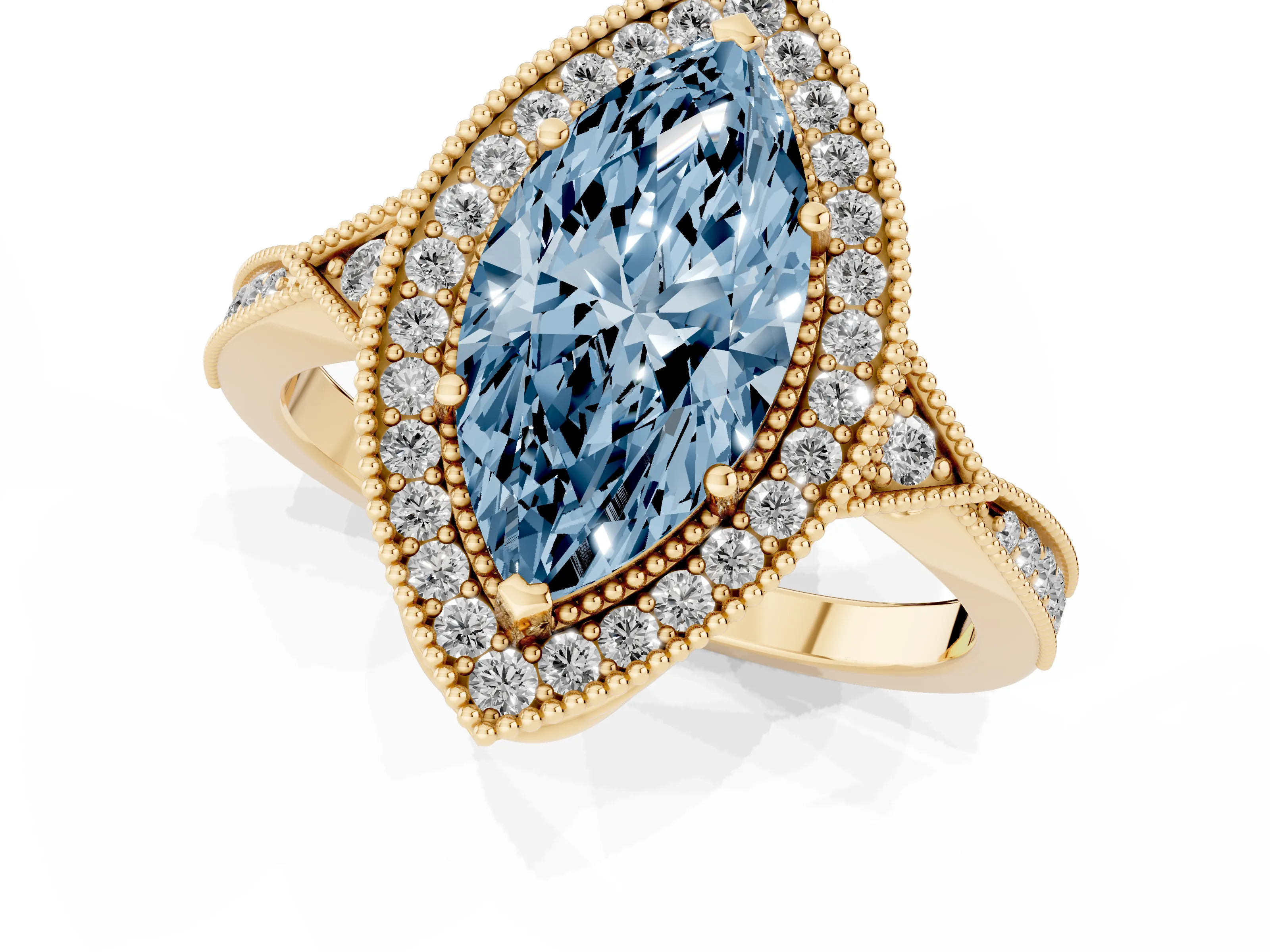 Fancy Blue Marquise Cut Diamond Halo Engagement Ring Set in Yellow gold with Milgrain Pavé Band