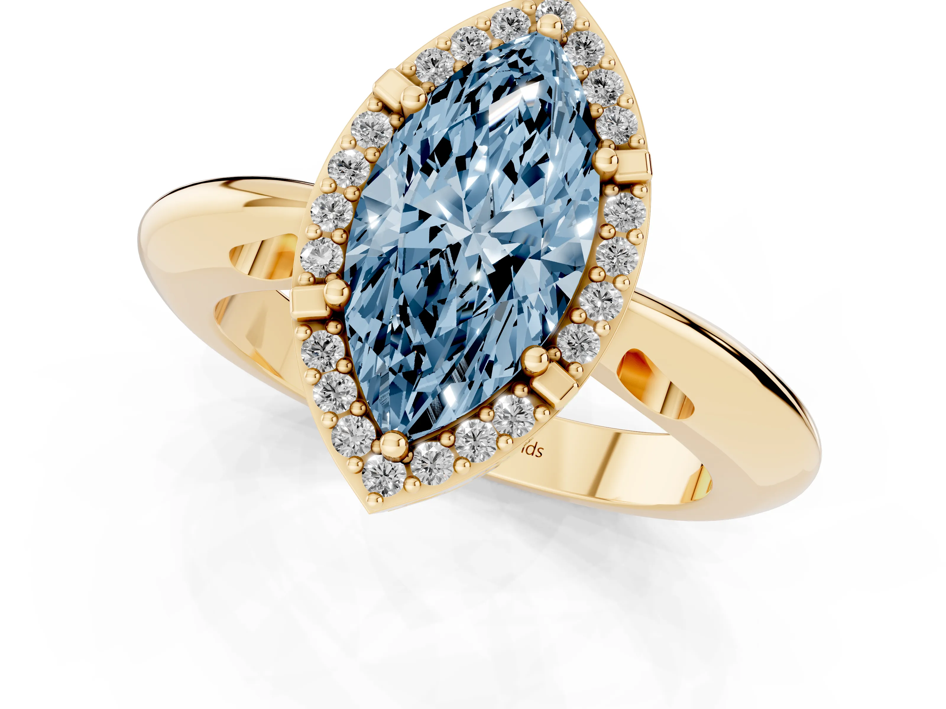 Fancy Blue Marquise Cut Diamond Halo Engagement Ring Set in Yellow gold with Plain Split Shank and Prong Setting