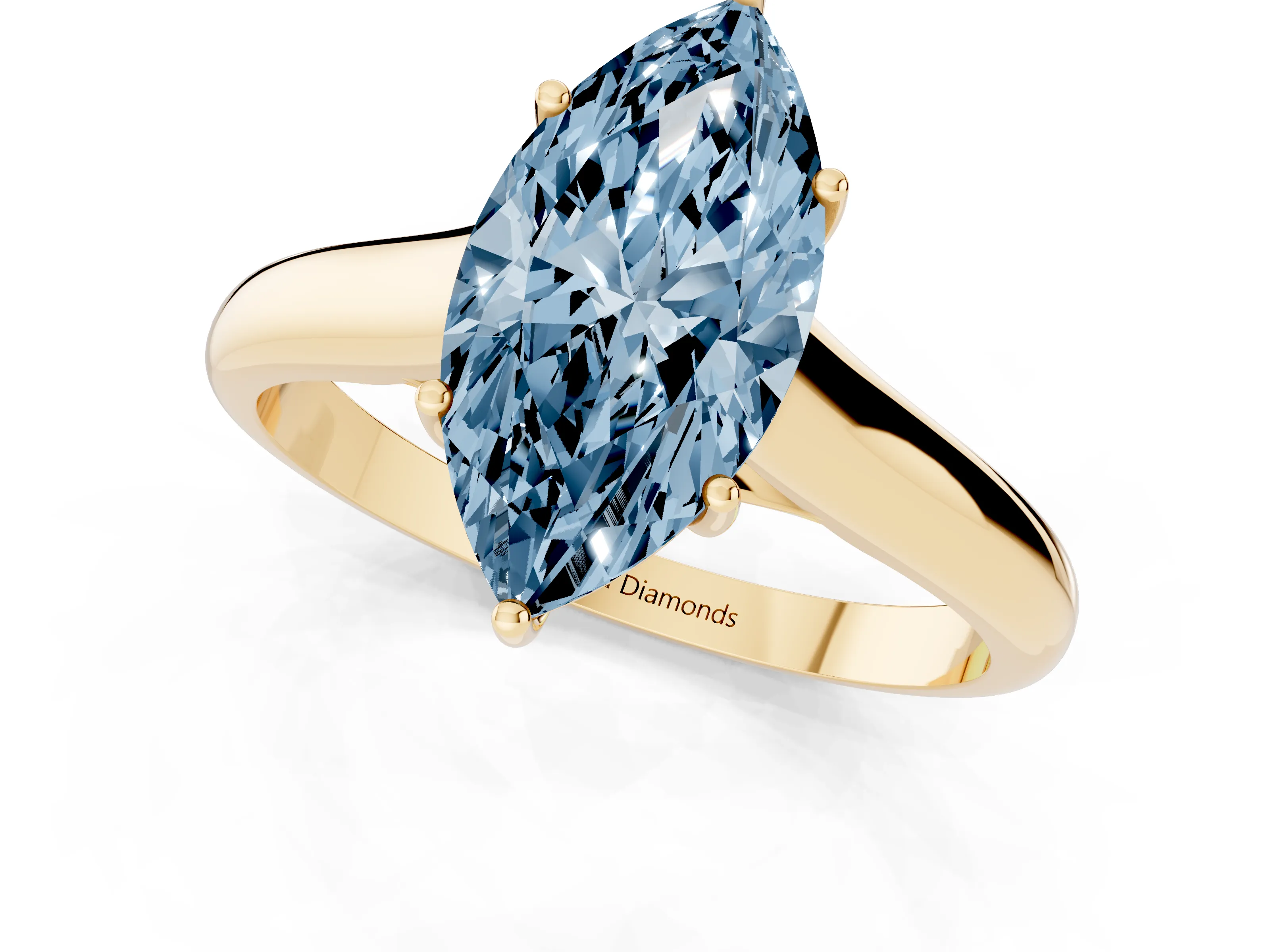 Fancy Blue Marquise Cut Diamond Solitaire Engagement Ring Set in Yellow gold with Subtly Tapered Band and Prong Setting