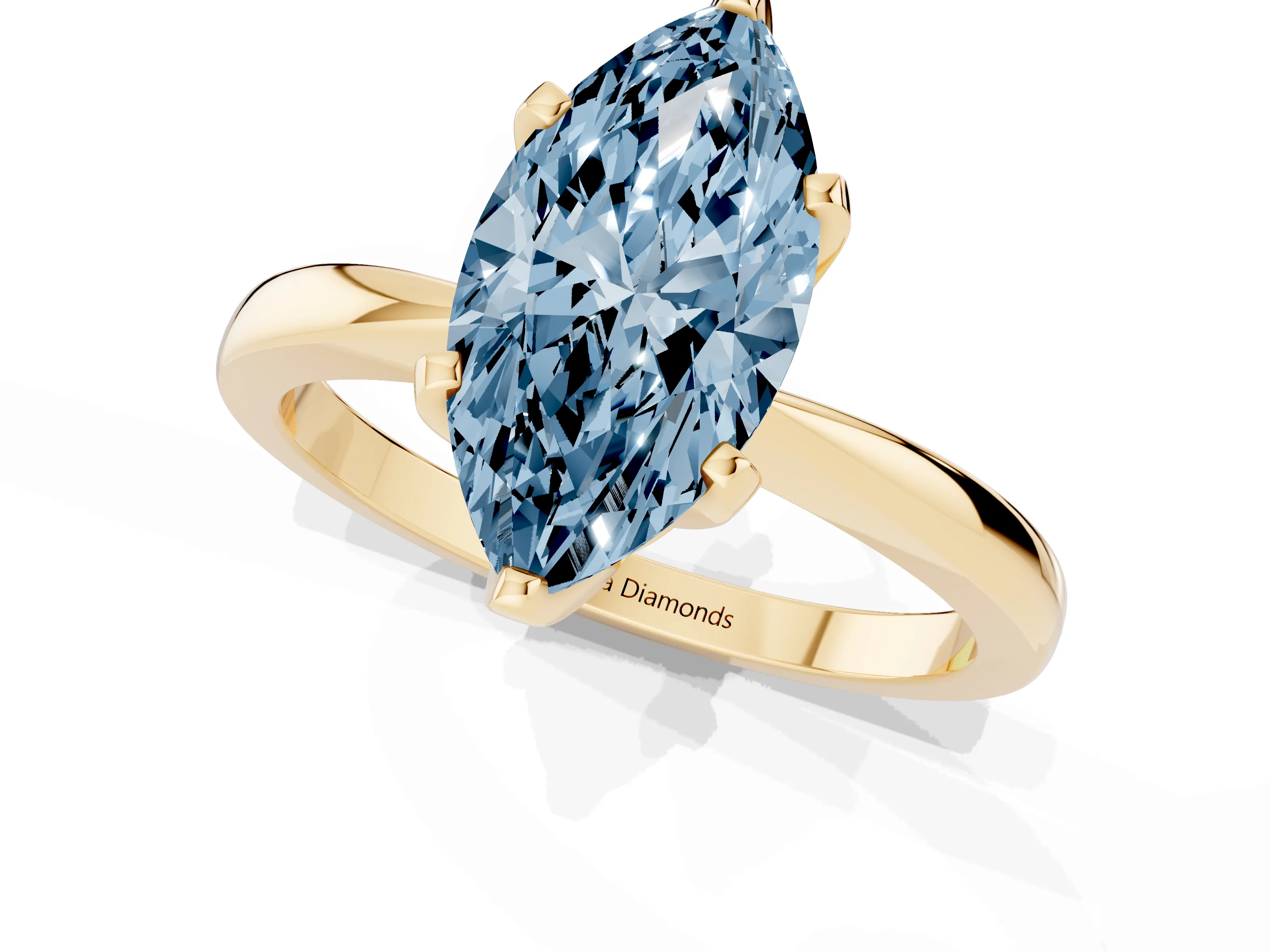 Fancy Blue Marquise Cut Diamond Solitaire Engagement Ring Set in Yellow gold with Slim Tapered Solitaire Band