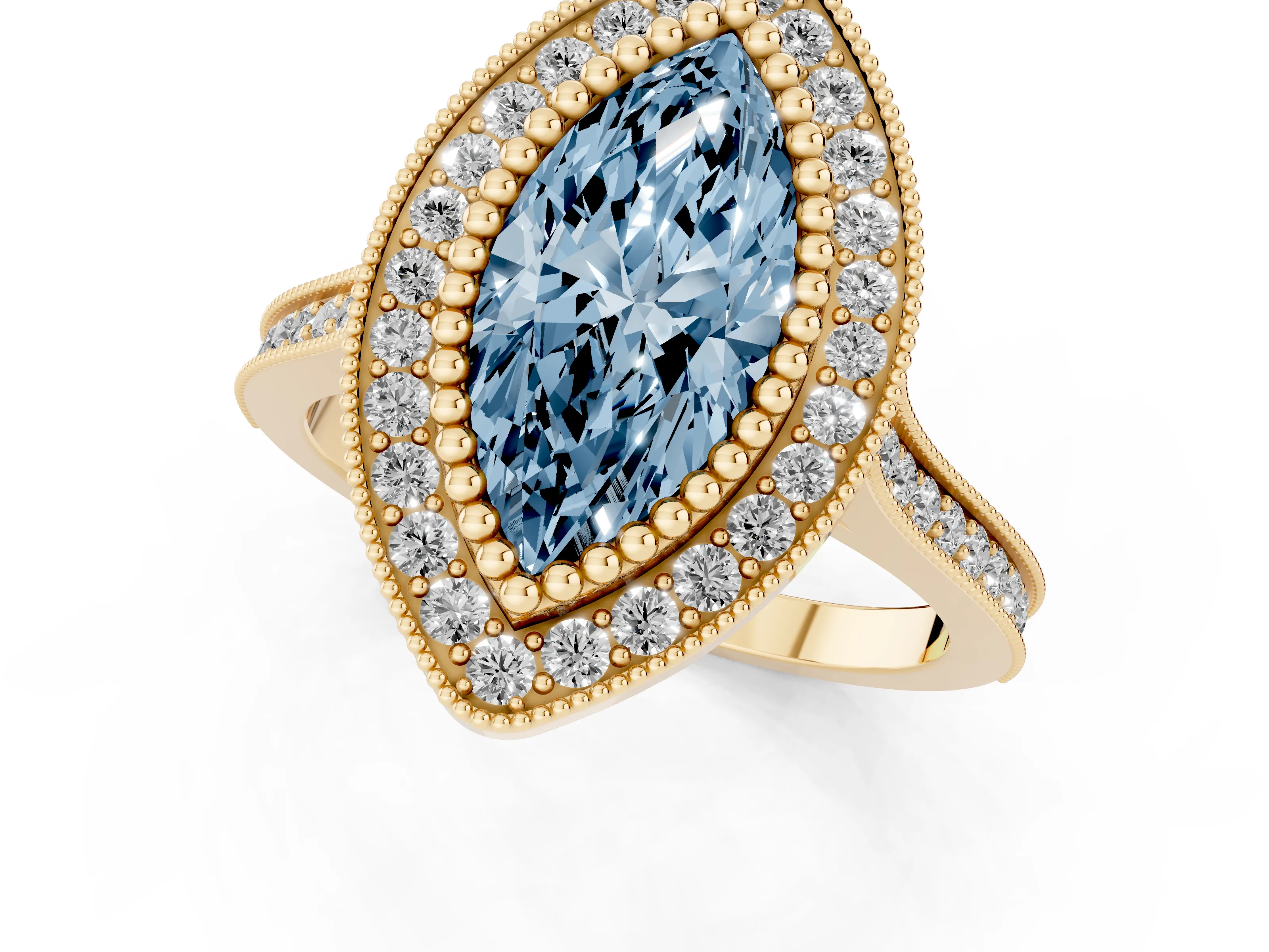 Fancy Blue Marquise Cut Diamond Halo Ring Set in Yellow gold with Milgrain Frame and Pavé Band