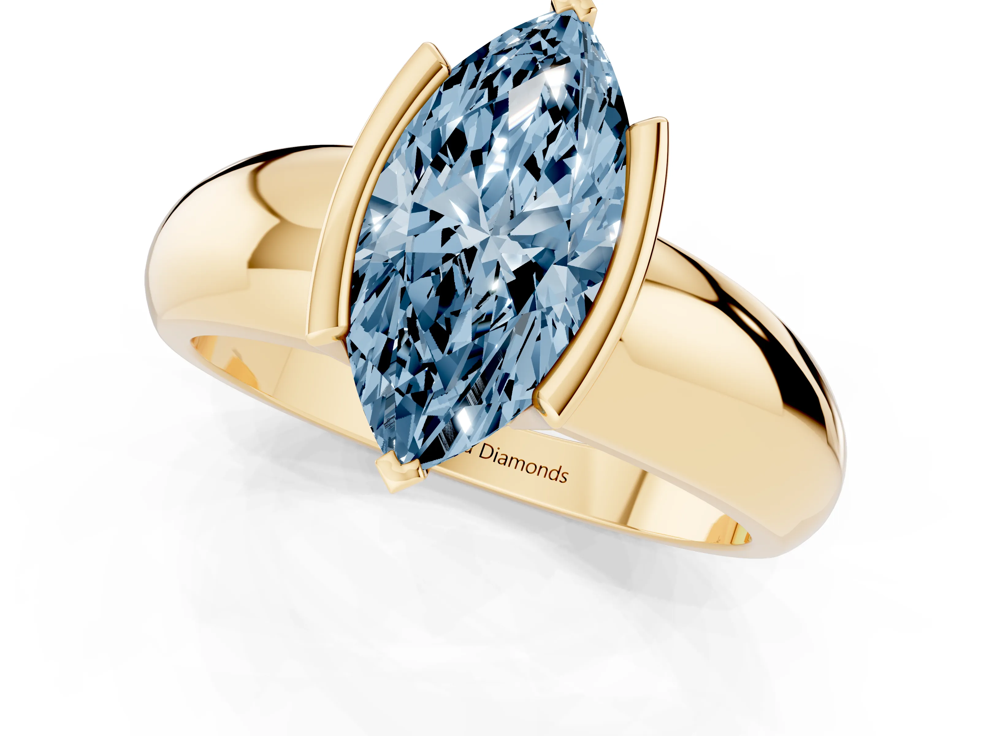 Fancy Blue Marquise Cut Diamond Solitaire Tension Set Ring Set in Yellow gold with Wide Band