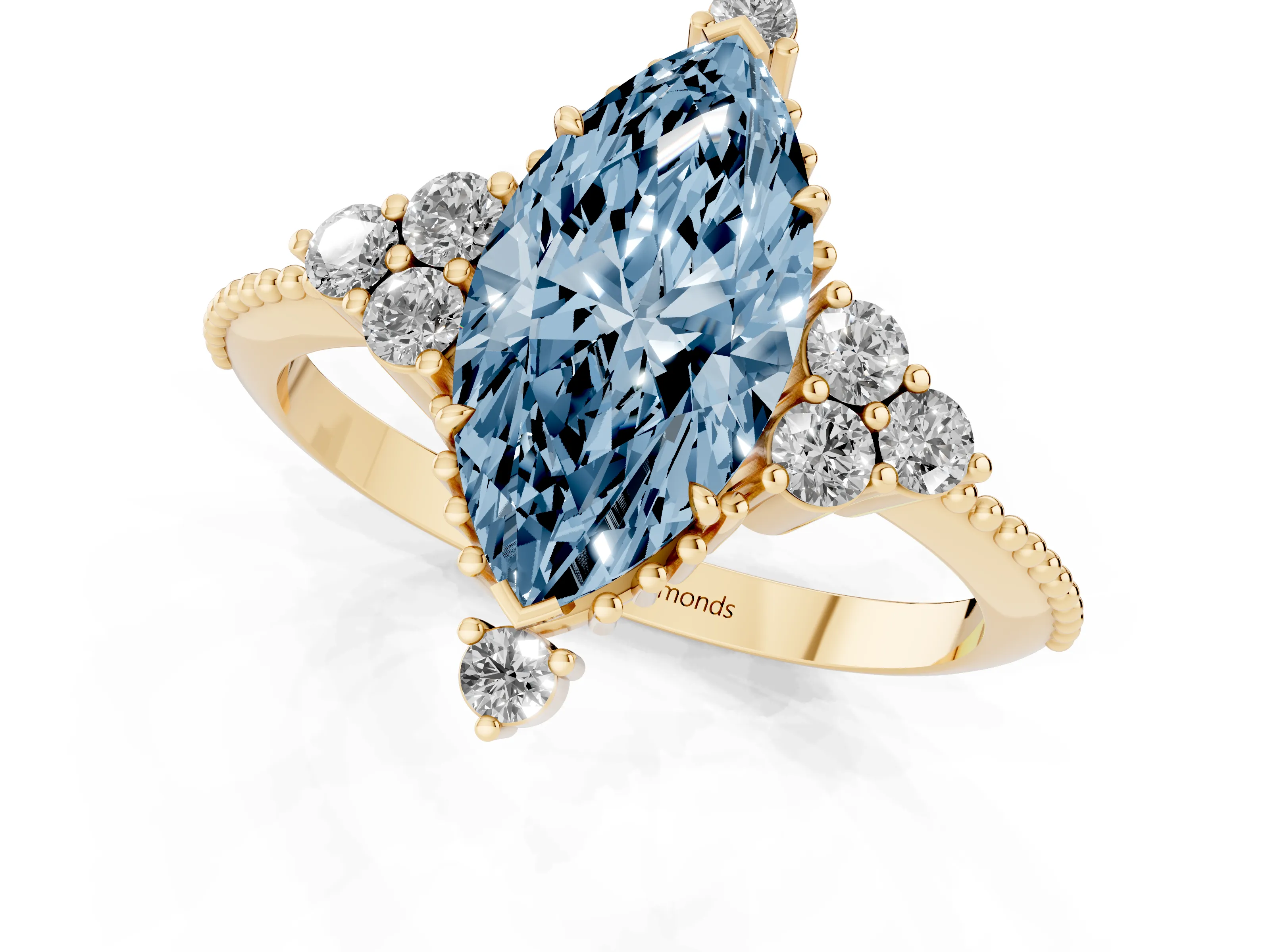 Fancy Blue Marquise Cut Diamond Cluster Ring Set in Yellow gold with Beaded Band