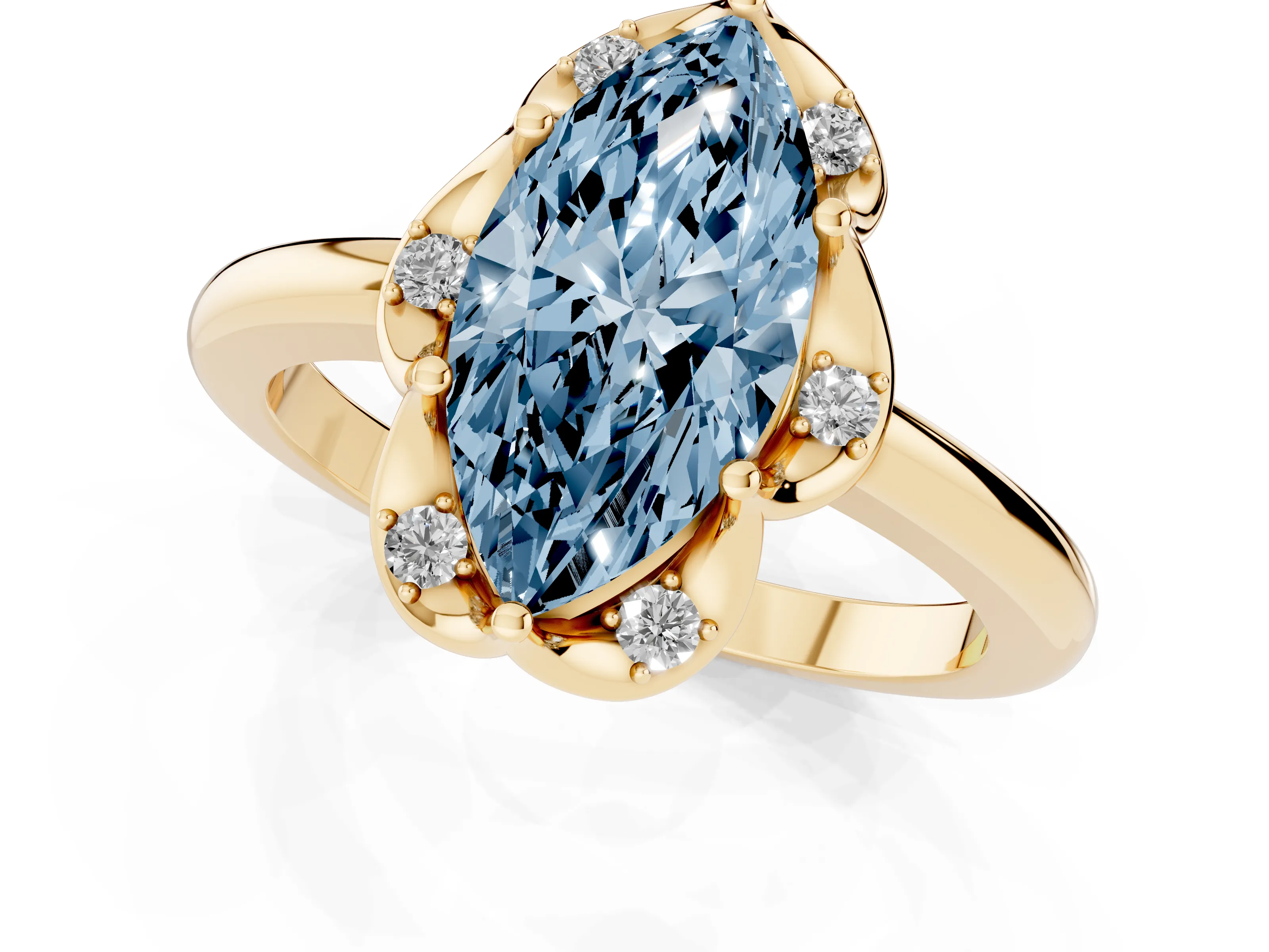 Fancy Blue Marquise Cut Diamond Round Cluster Halo Ring Set in Yellow gold with Solitaire Band and Prong Setting