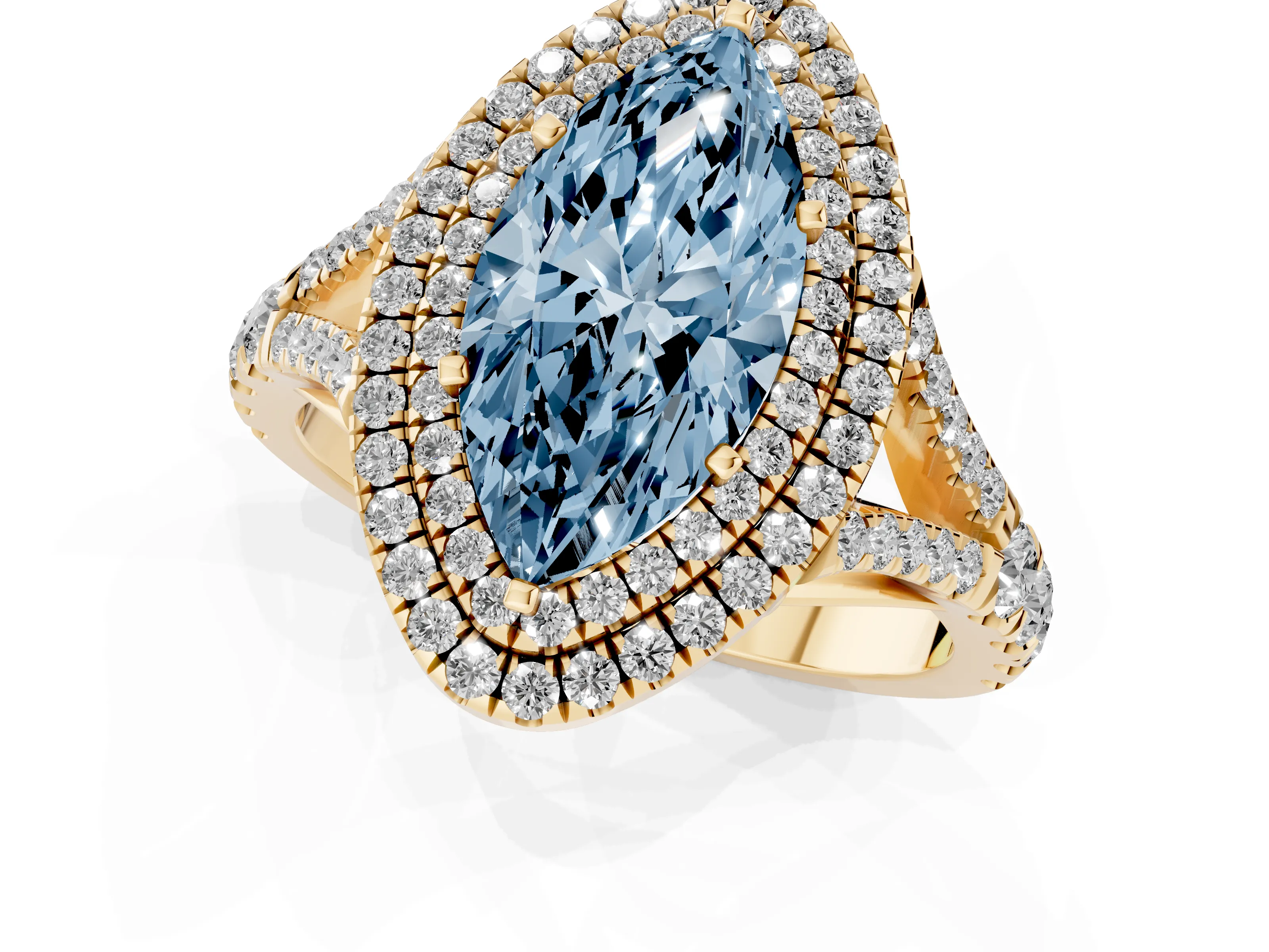 Fancy Blue Marquise Cut Diamond Pavé Split Shank Double Halo Engagement Ring Set in Yellow gold