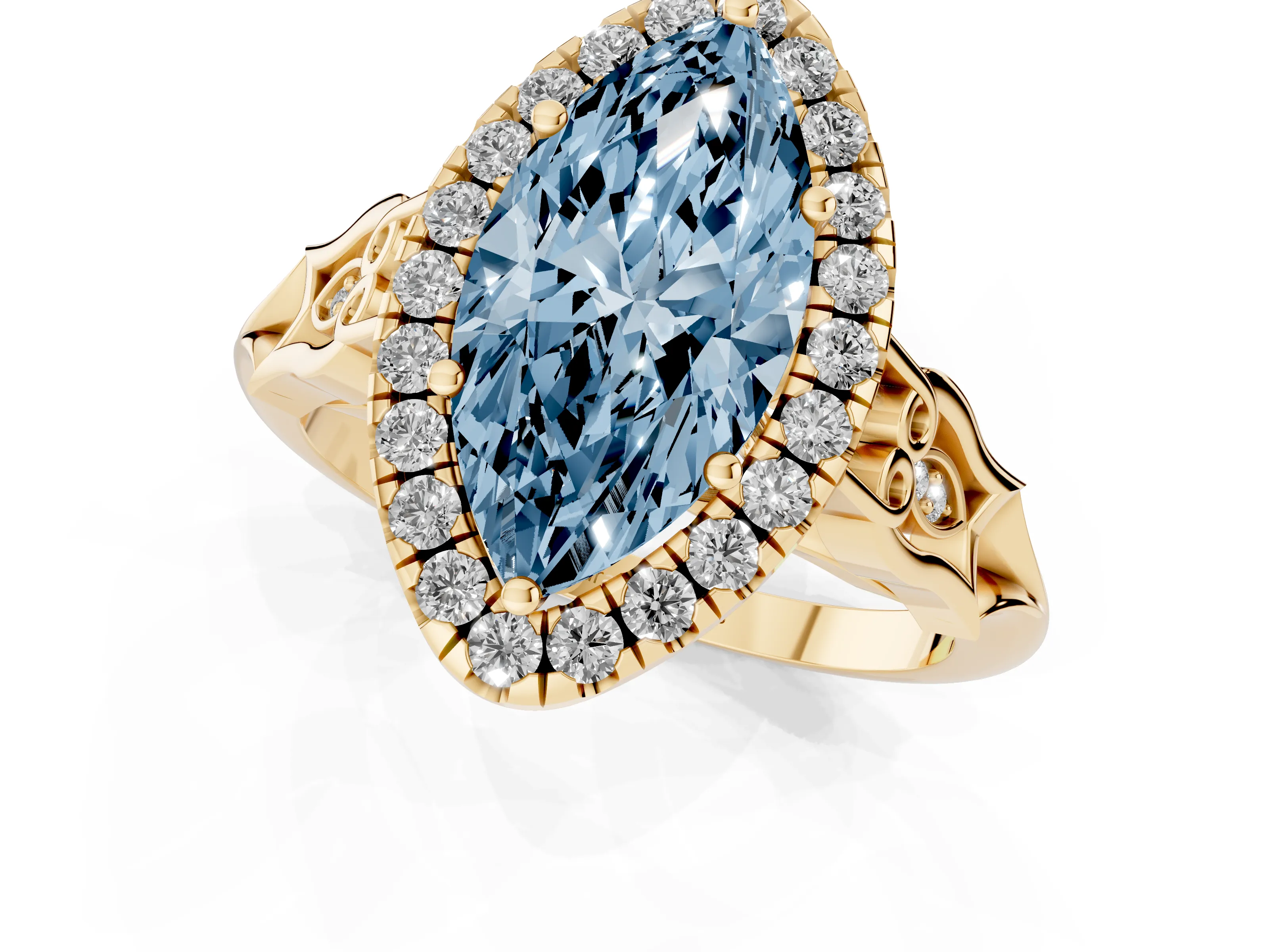Fancy Blue Marquise Cut Diamond Halo Engagement Ring Set in Yellow gold with Filigree Band and Prong-Set Center