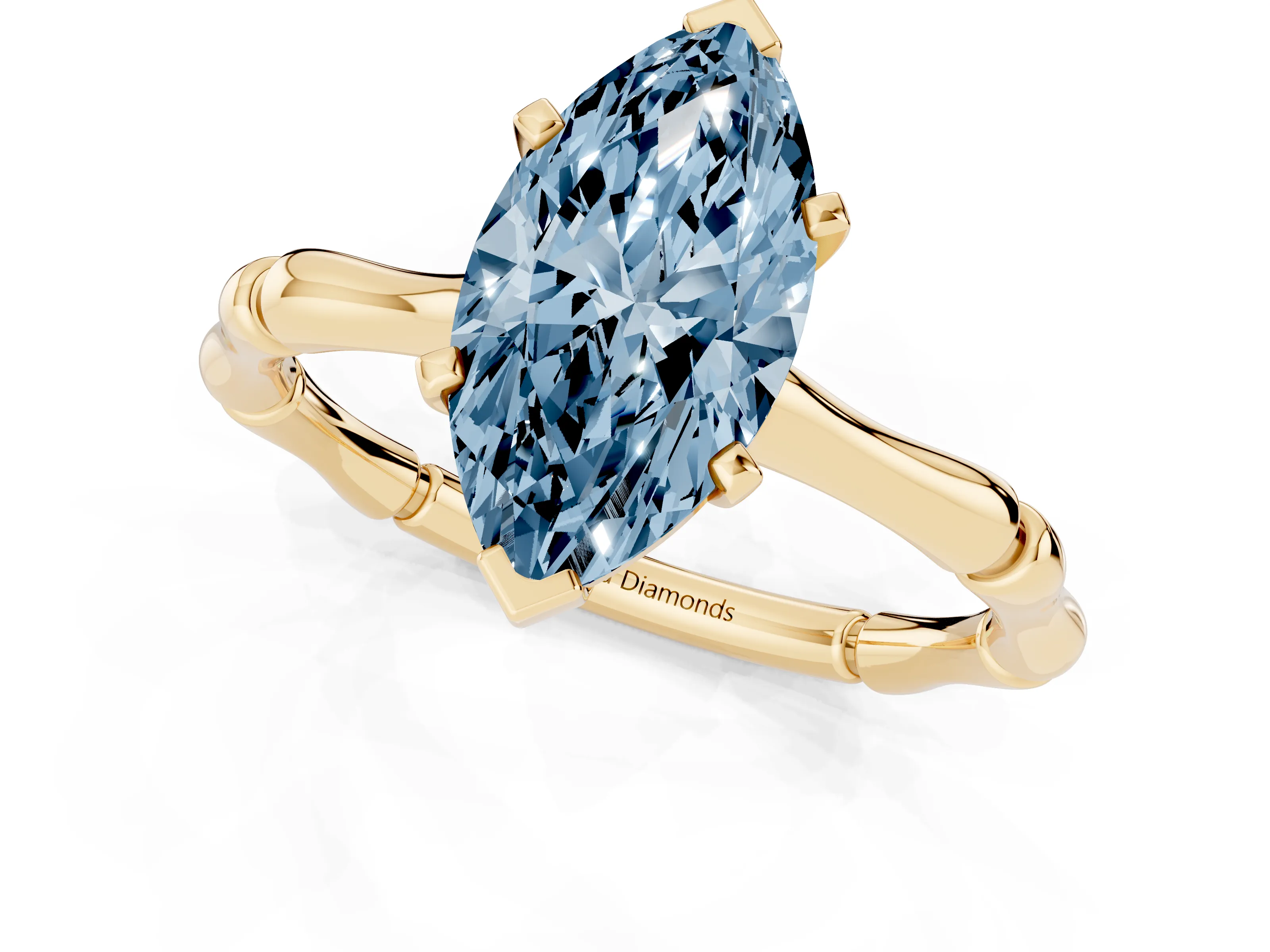 Fancy Blue Marquise Cut Diamond Solitaire Ring Set in Yellow gold with Bamboo Band and Prong Setting
