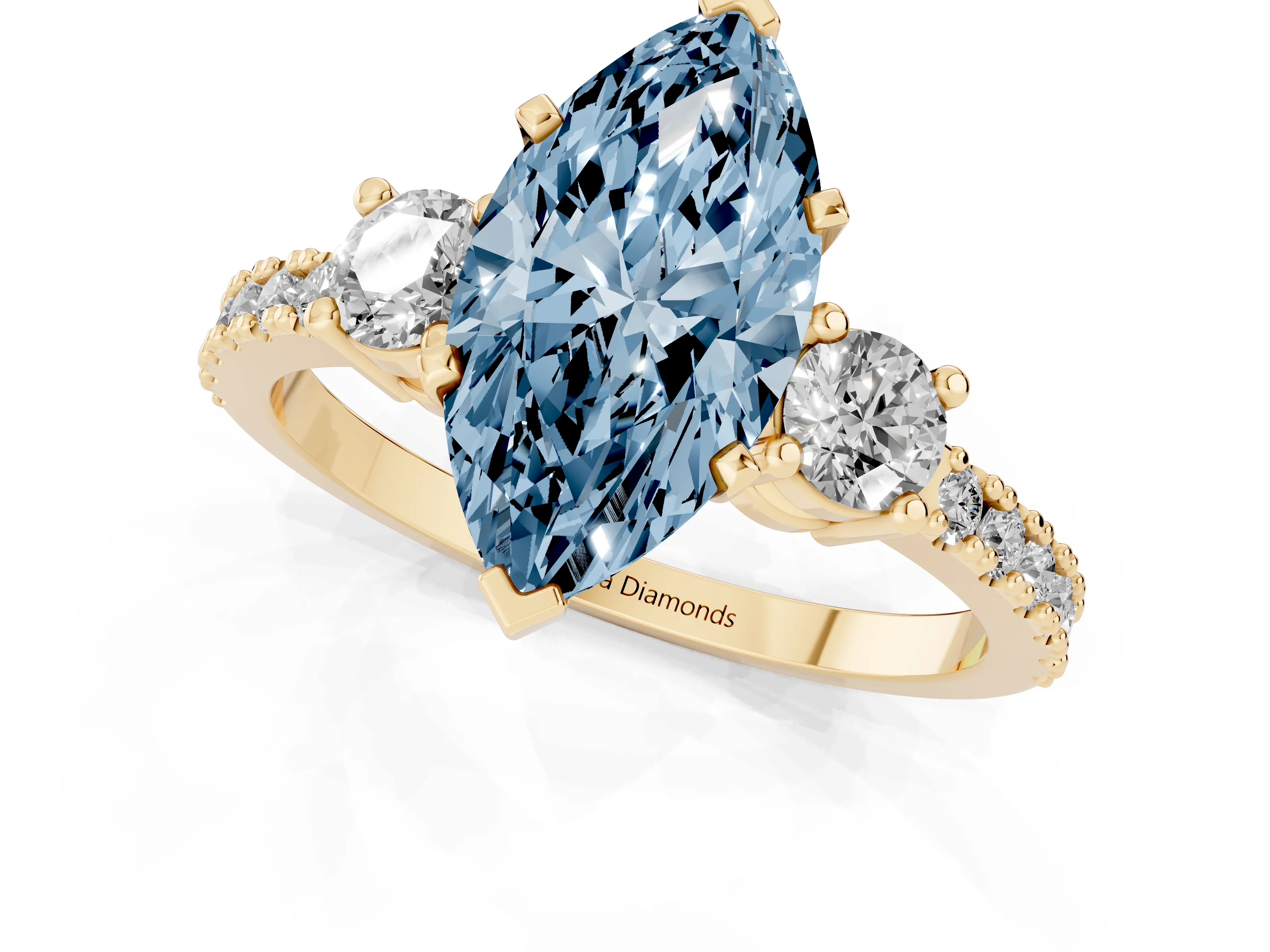 Fancy Blue Three-Stone Marquise Cut Diamond Pavé Band Ring Set in Yellow gold with Prong Setting – second view