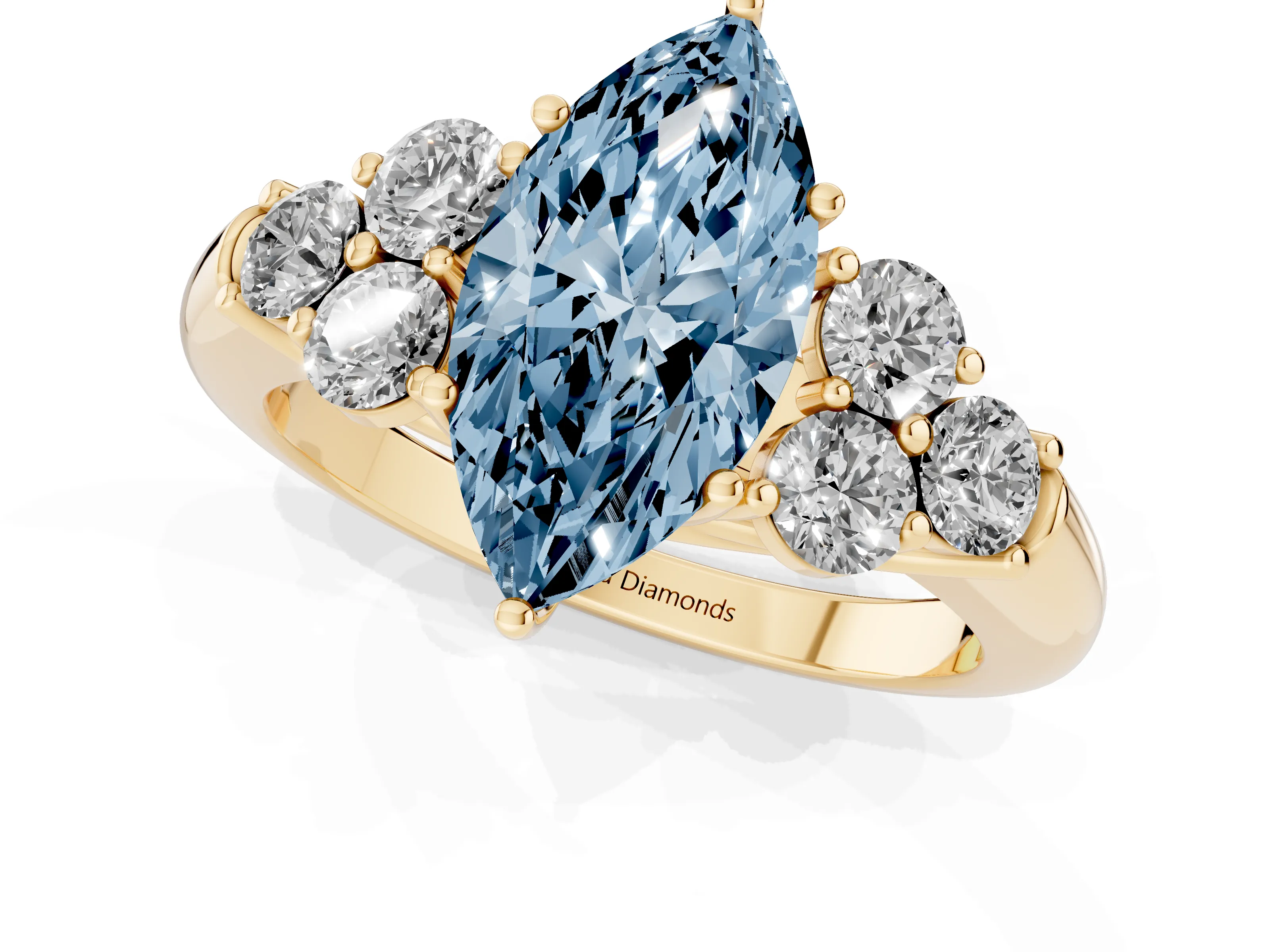 Fancy Blue Marquise Cut Diamond Cluster Ring Set in Yellow gold with Round Accent Stones and Prong Setting on a Plain Band