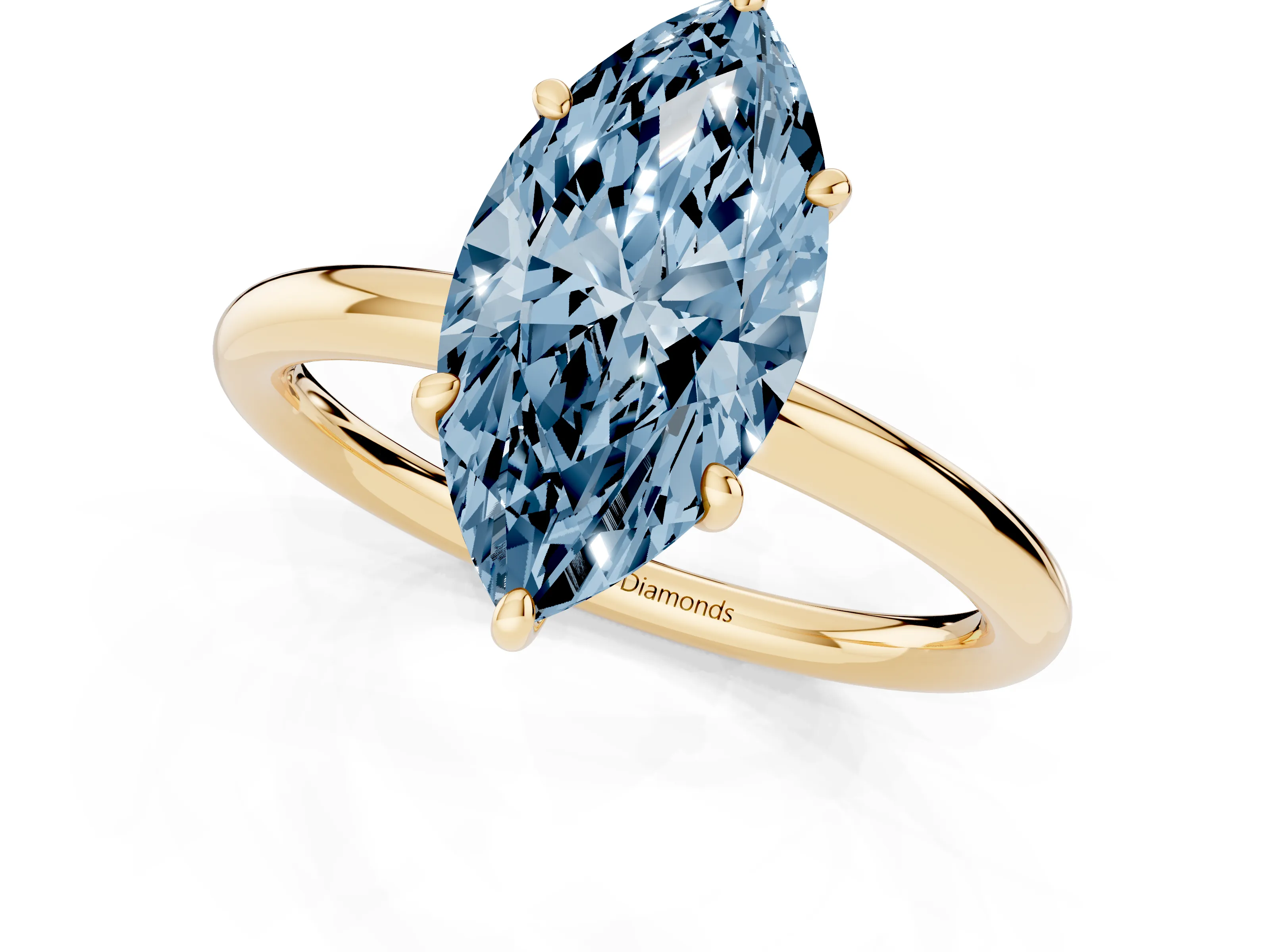 Fancy Blue Marquise Cut Diamond Solitaire Ring Set in Yellow gold with Prong Setting on a Polished Plain Band