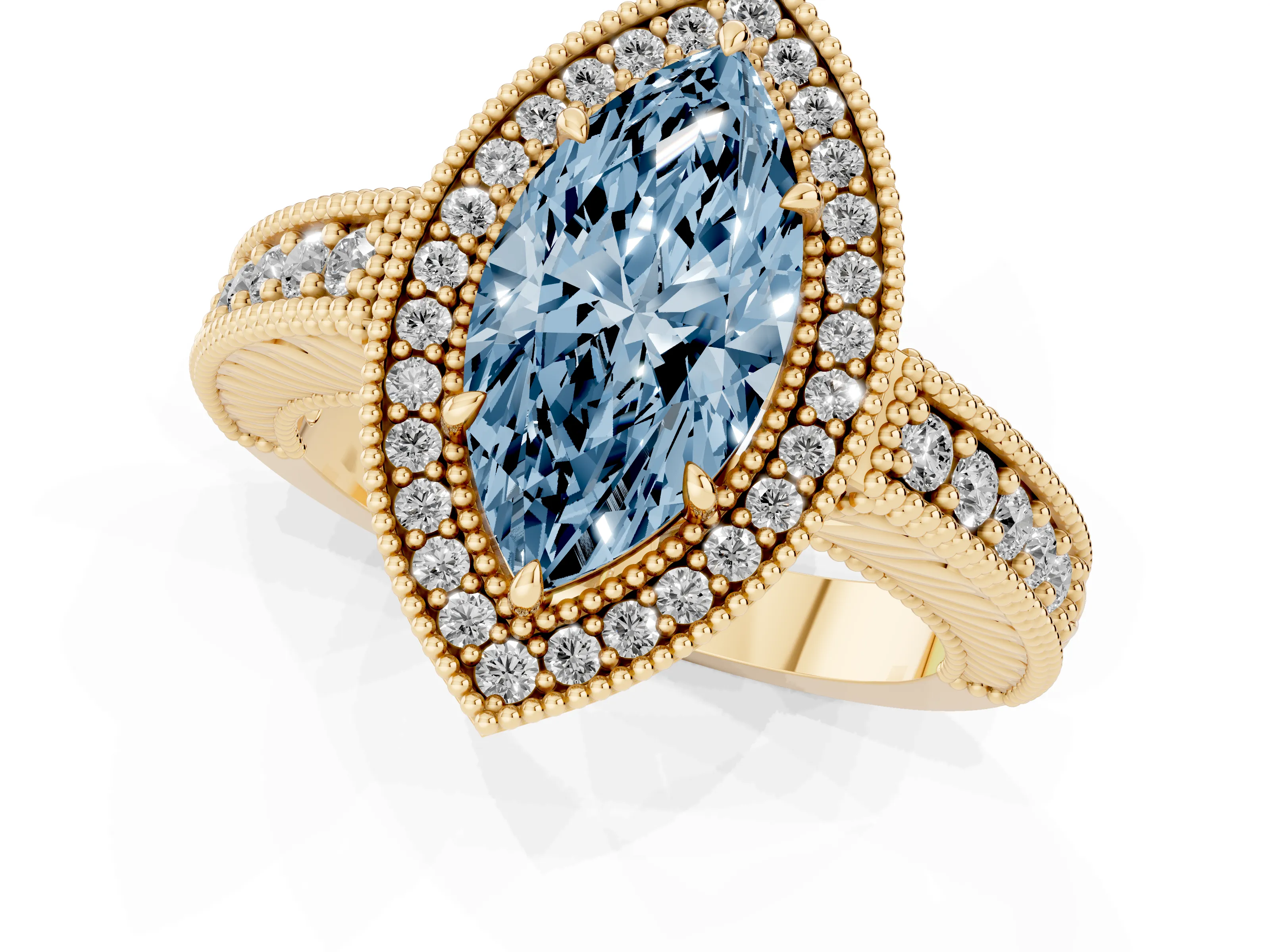 Fancy Blue Marquise Cut Diamond Halo Ring Set in Yellow gold with Round Accent Halo, Pavé Band and Prong Setting