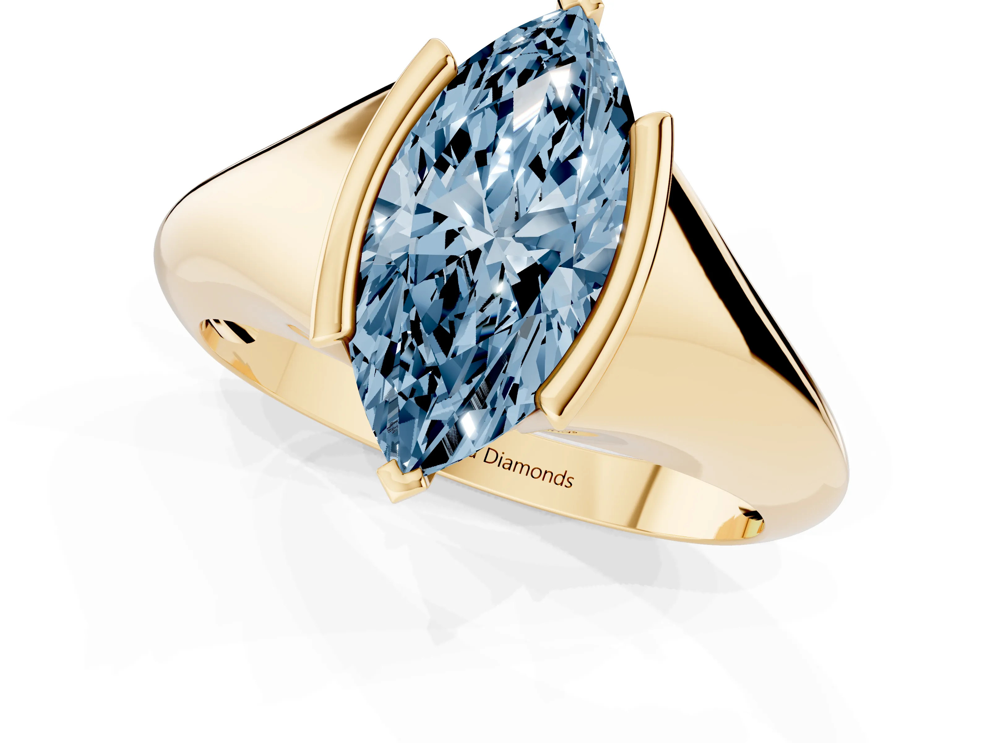 Fancy Blue Marquise Cut Diamond Solitaire Tension Set Ring Set in Yellow gold