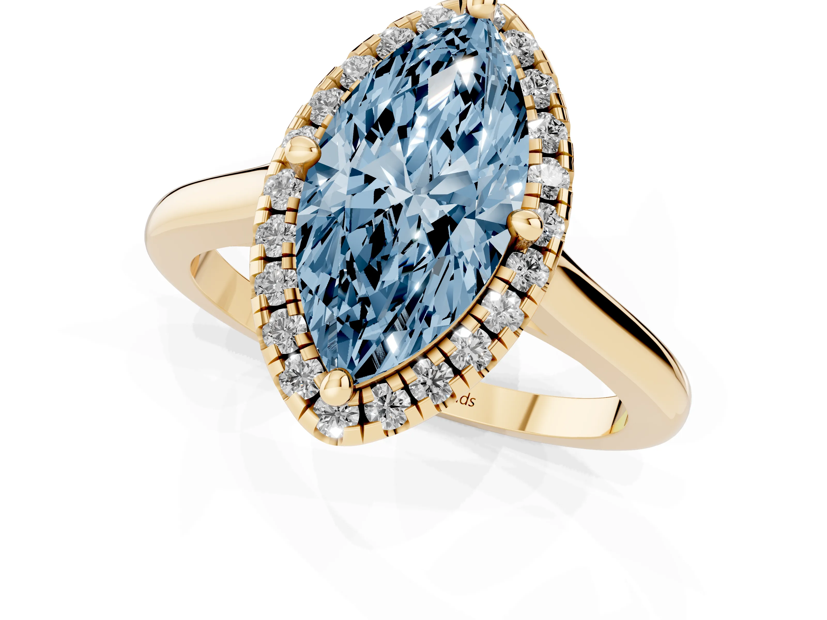 Fancy Blue Marquise Cut Diamond Halo Engagement Ring Set in Yellow gold with Pavé Band and Rising Shoulders