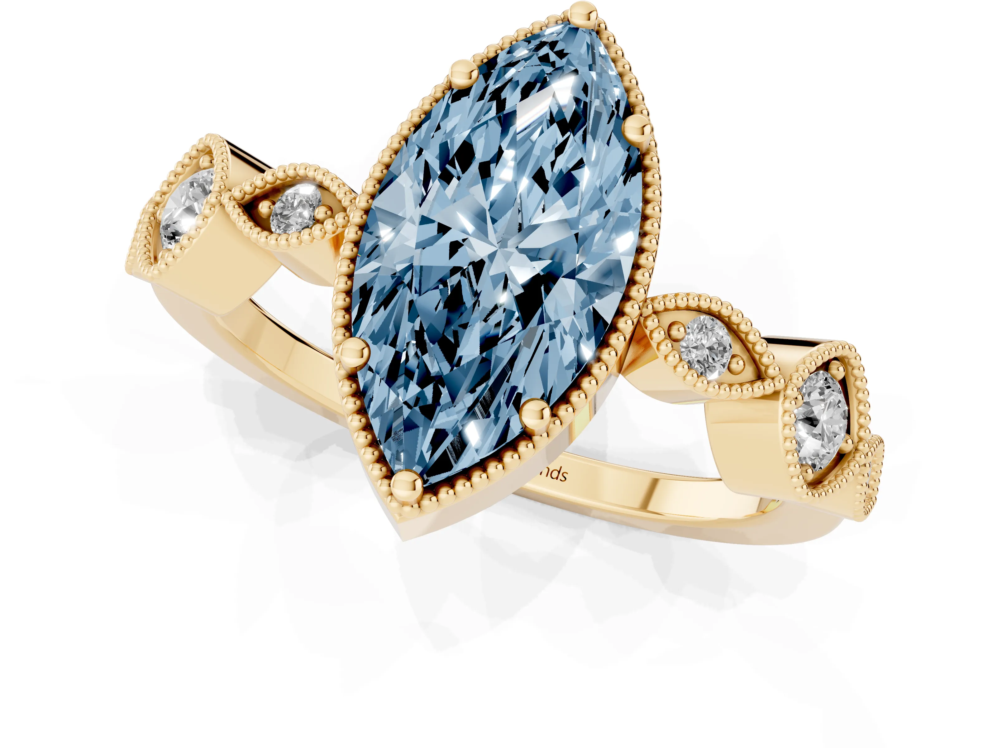 Fancy Blue Marquise Cut Diamond Vintage-Inspired Milgrain Ring Set in Yellow gold with Marquise Stations of Round Accents