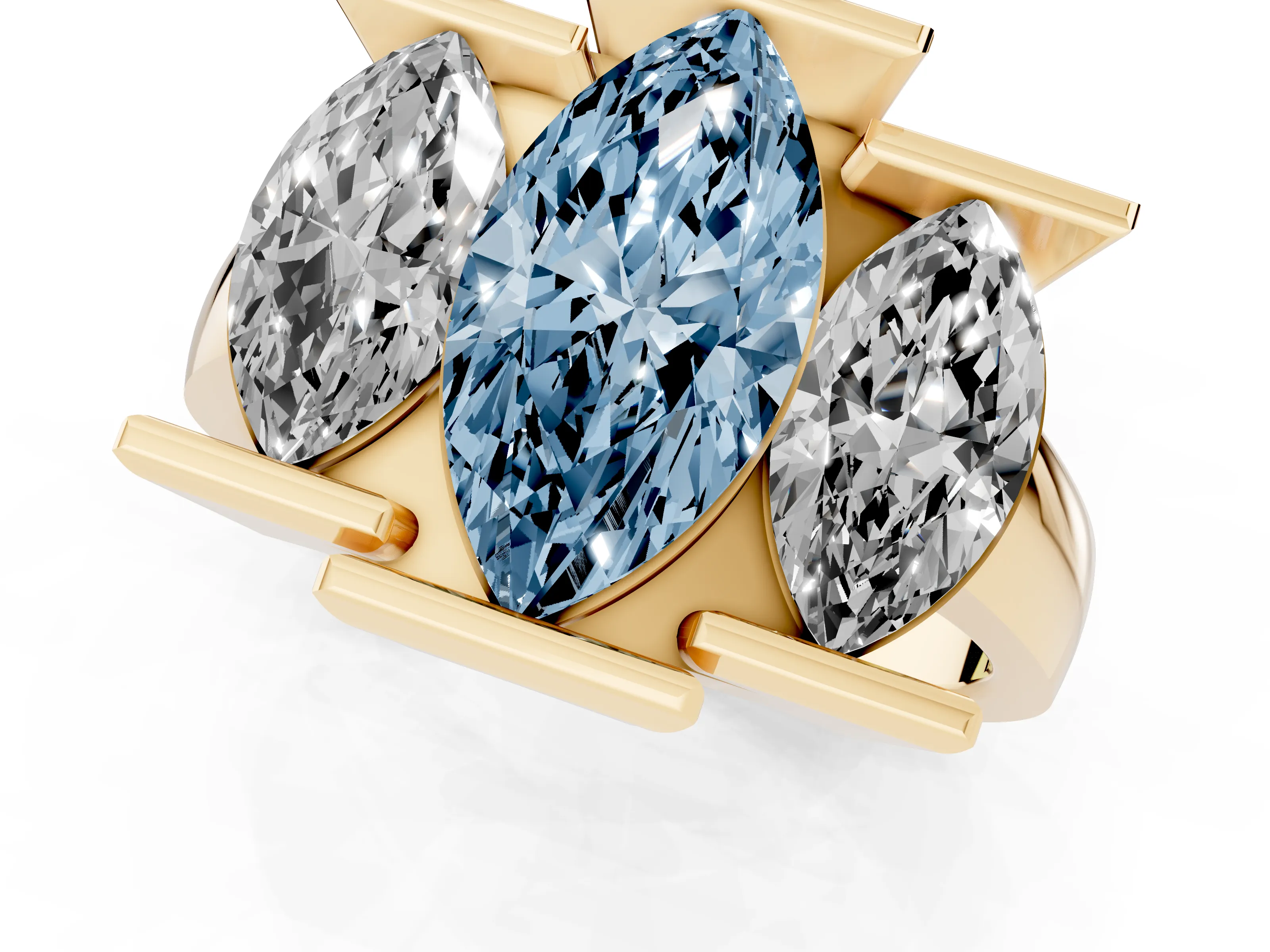 Fancy Blue Marquise Cut Diamond Three-Stone Channel Set Ring Set in Yellow gold with Smooth Polished Band