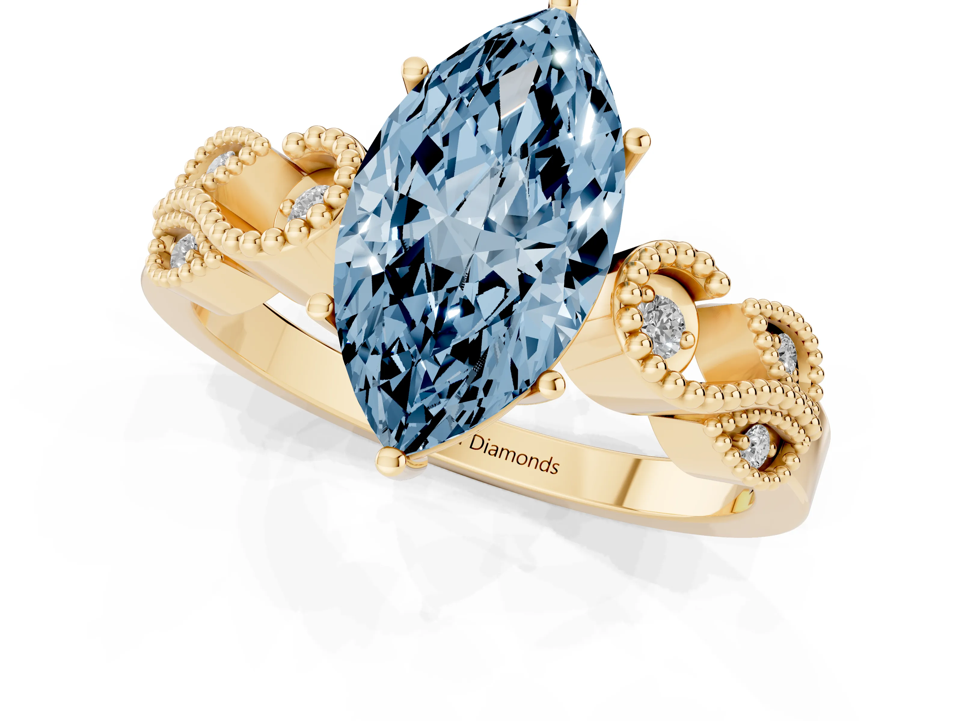 Fancy Blue Marquise Cut Diamond Milgrain Leaf Band Solitaire Ring Set in Yellow gold with Accent Stones and Prong Setting