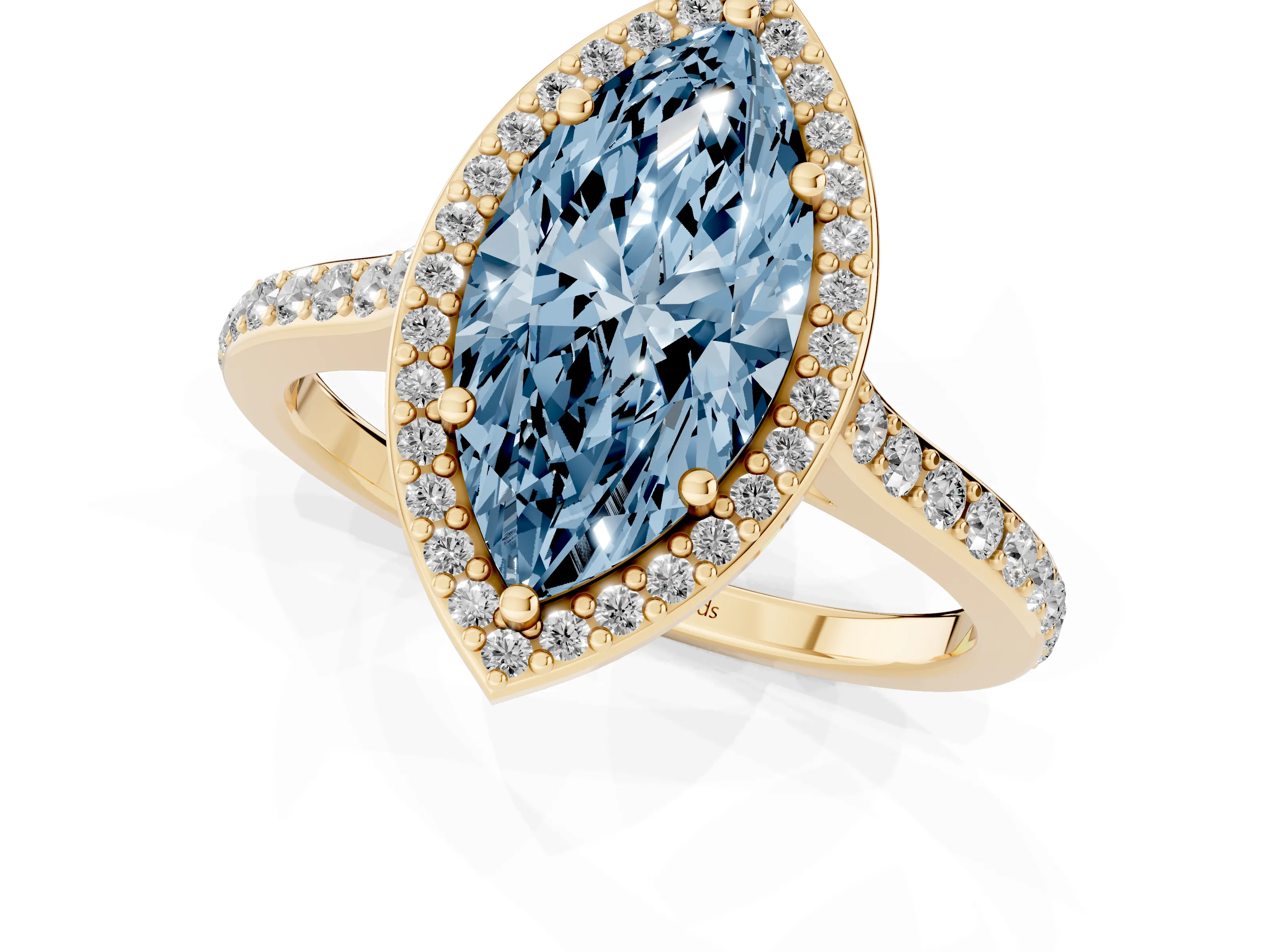 Fancy Blue Marquise Cut Diamond Halo Engagement Ring Set in Yellow gold with Round Pavé Shoulders and Heart Gallery
